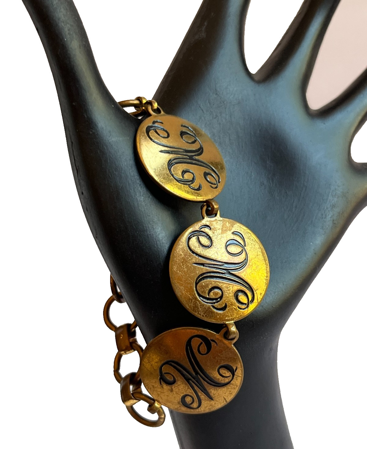 Vintage Brass Bronze Tone Initial Monogram Charm Link Bracelet 1950s MMW
