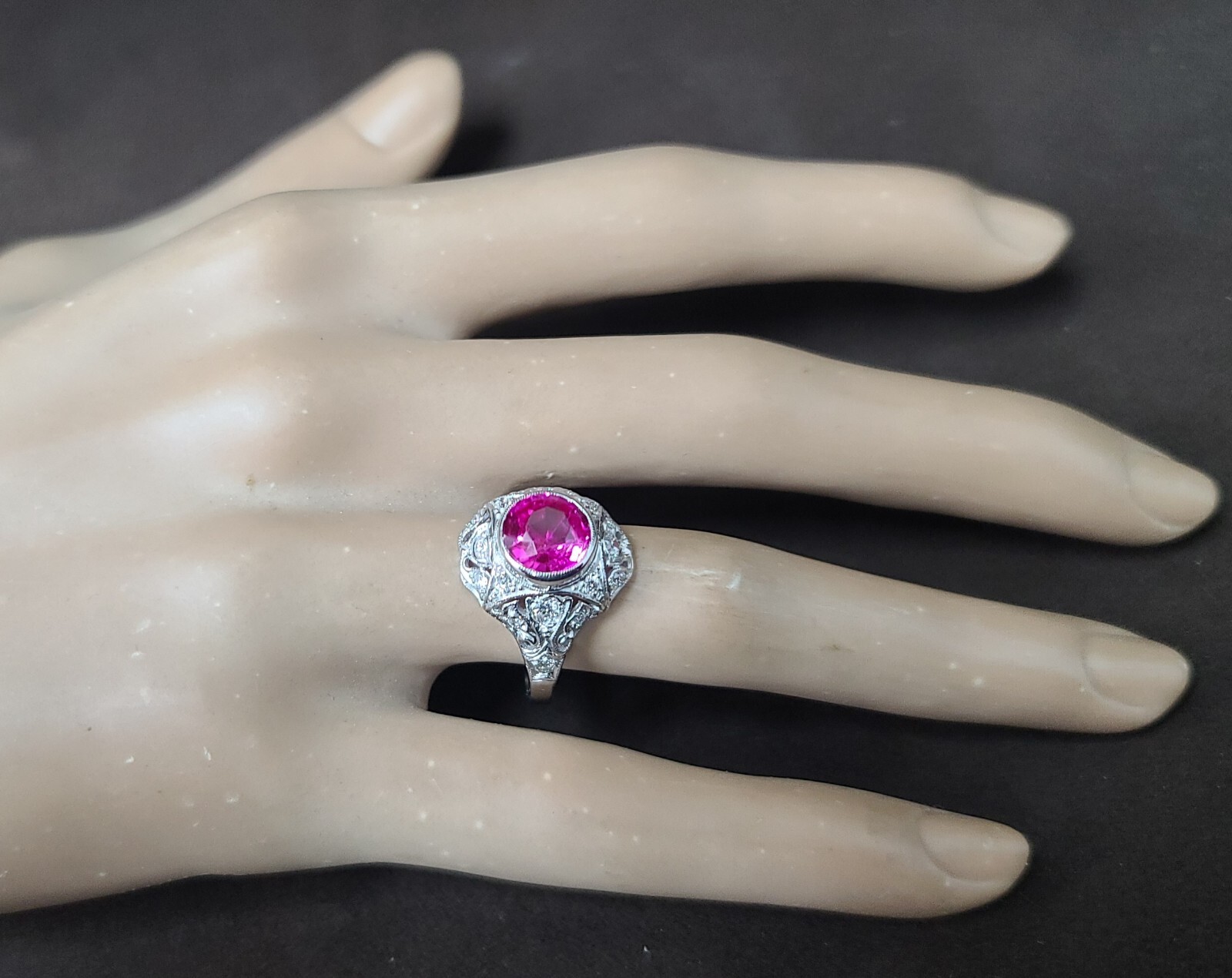 Vintage 14k White Gold Engagement Ring 2.92CT. Gem Pink Sapphire Round Cut