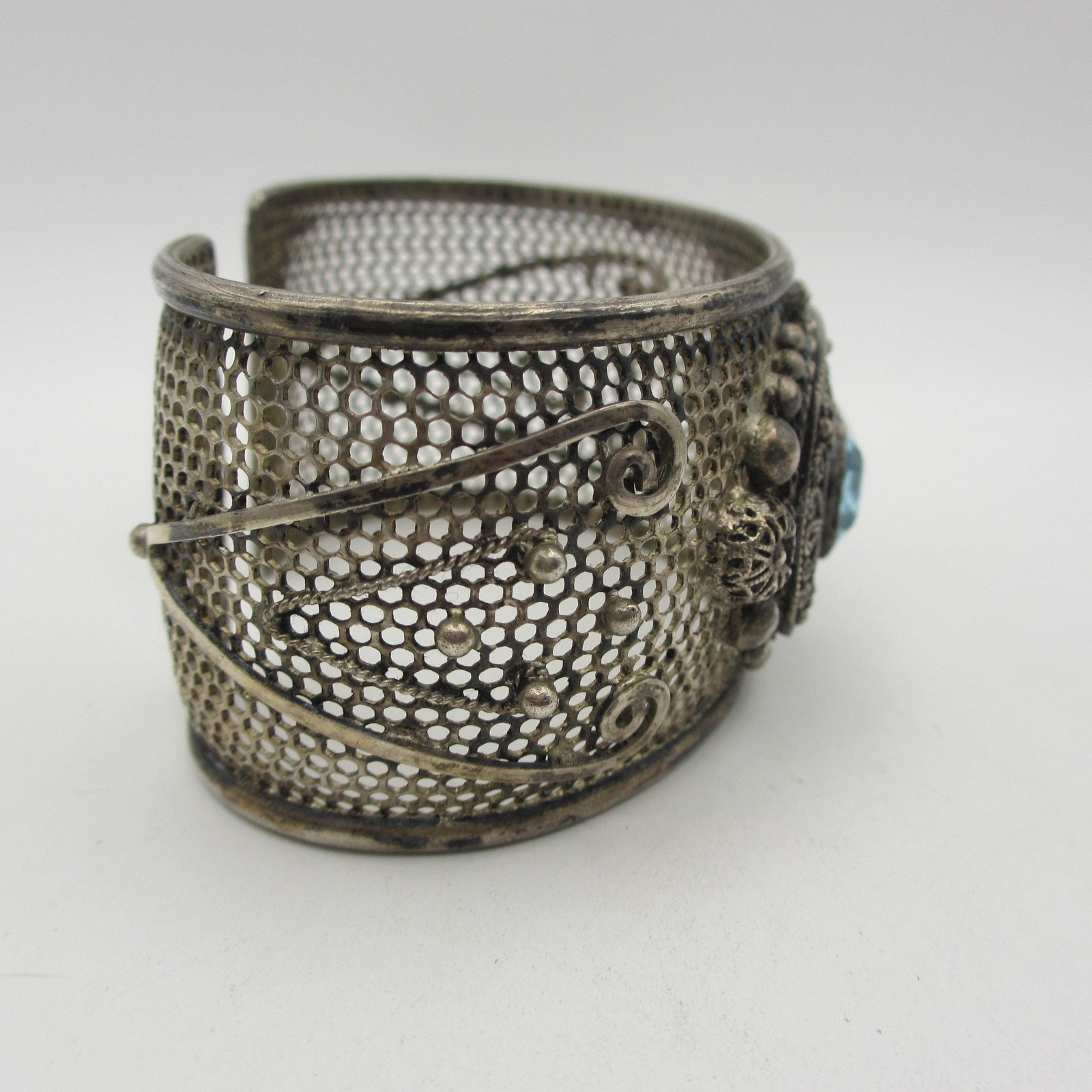 Vtg Silver Mesh Cuff Bracelet Renaissance Revival Artisan Filigree Blue Glass