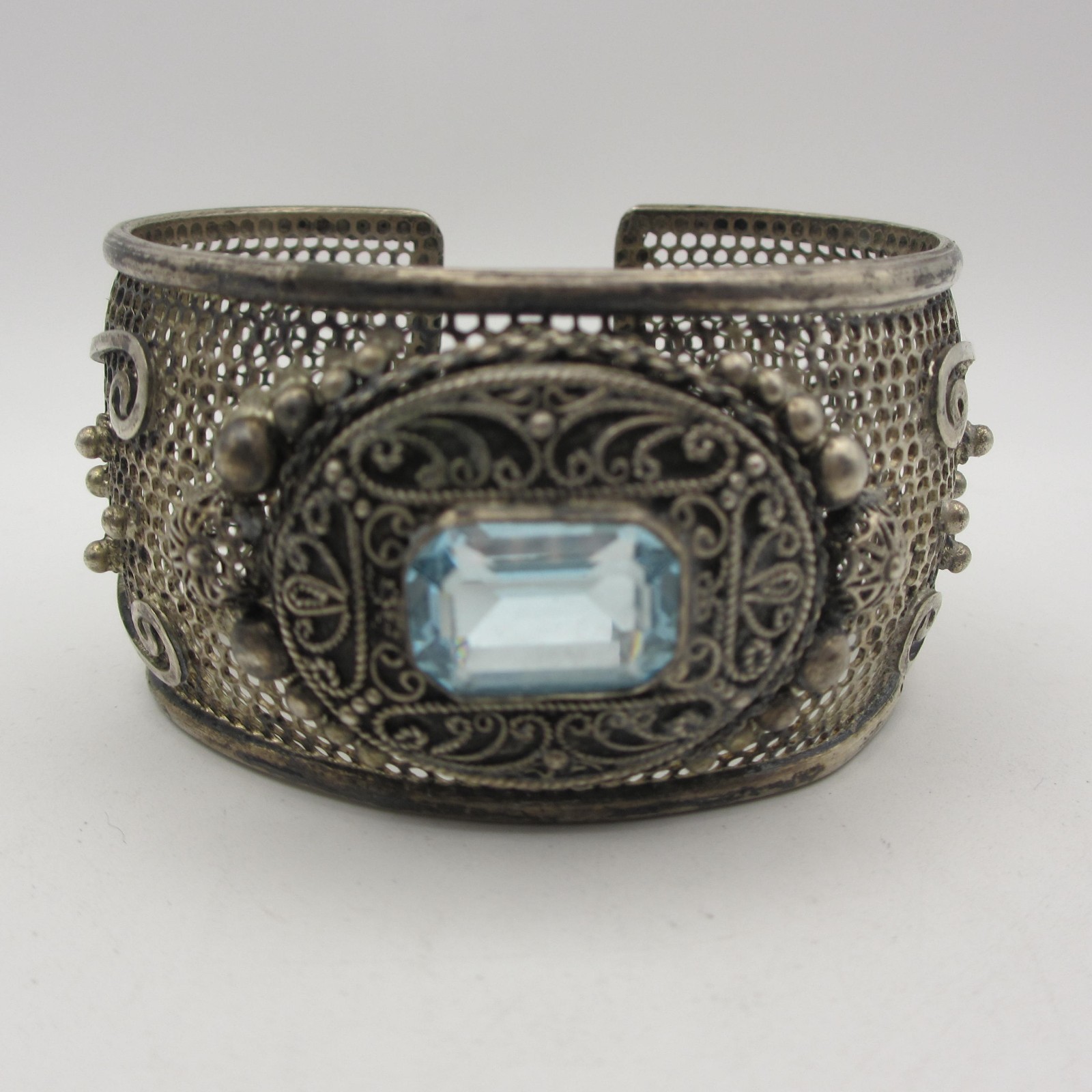Vtg Silver Mesh Cuff Bracelet Renaissance Revival Artisan Filigree Blue Glass