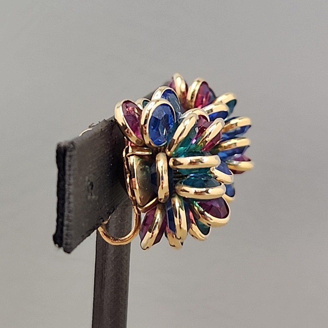 Vintage Open Bezel Clip On Earrings Gold Tone Layered Multicolor 3/4″