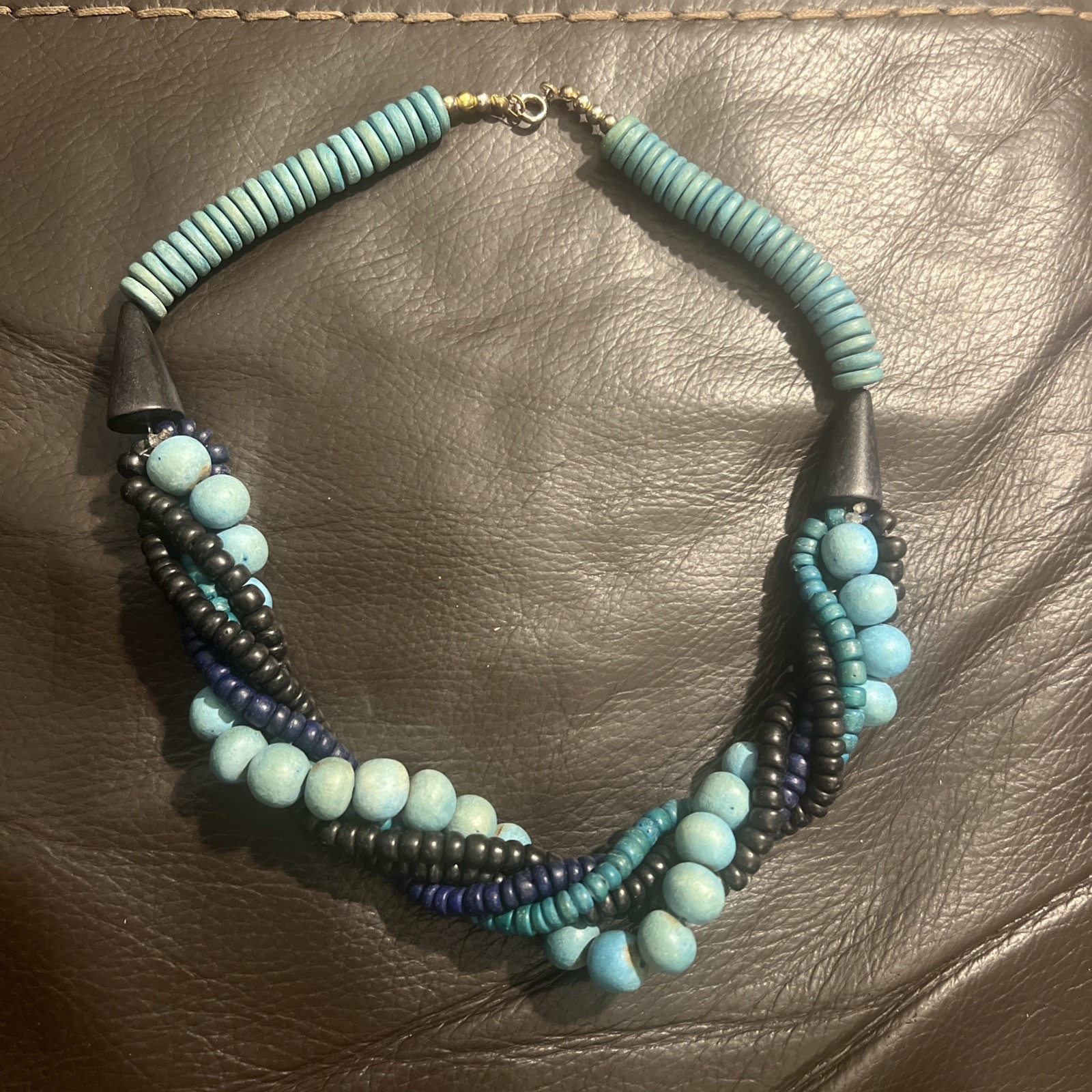 Vintage Blue & Purple Wooden Twist Beaded Necklace 1980s