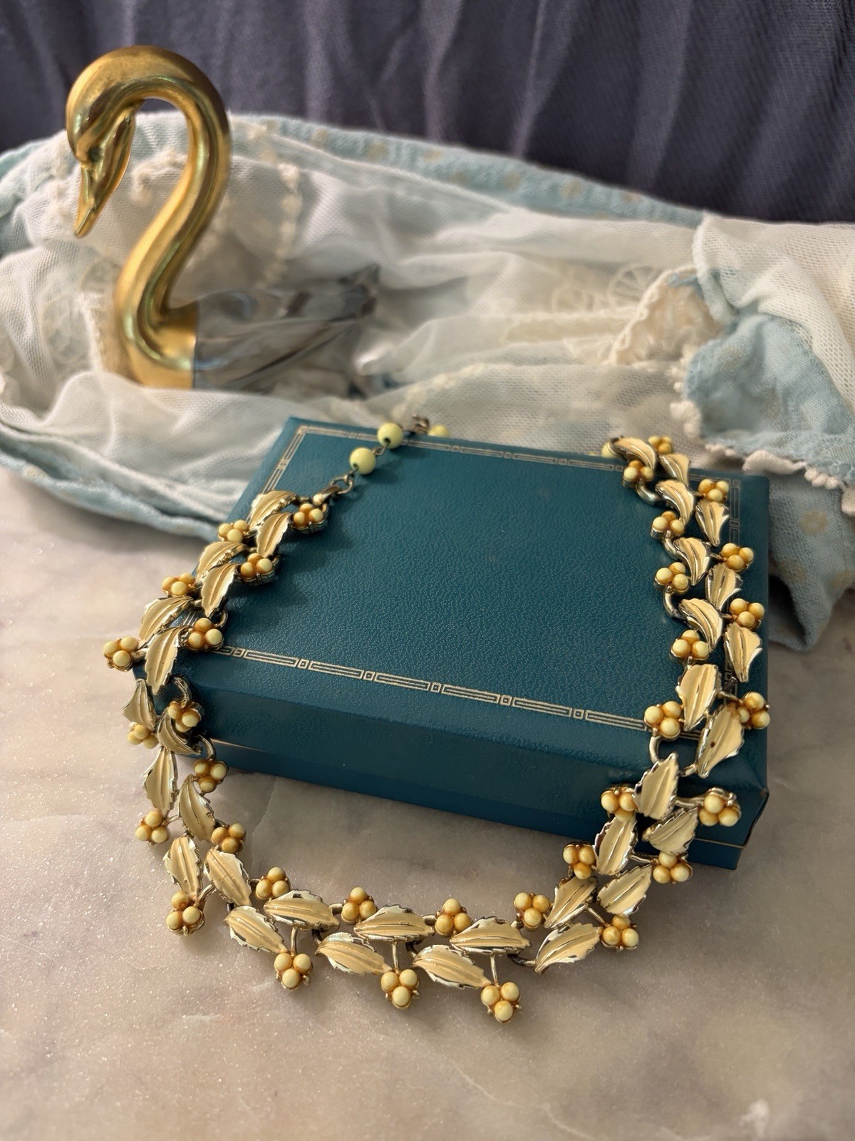 Vintage Coro Enamel Leaves Berries Choker Necklace Gold Tone Mid Century 1950s