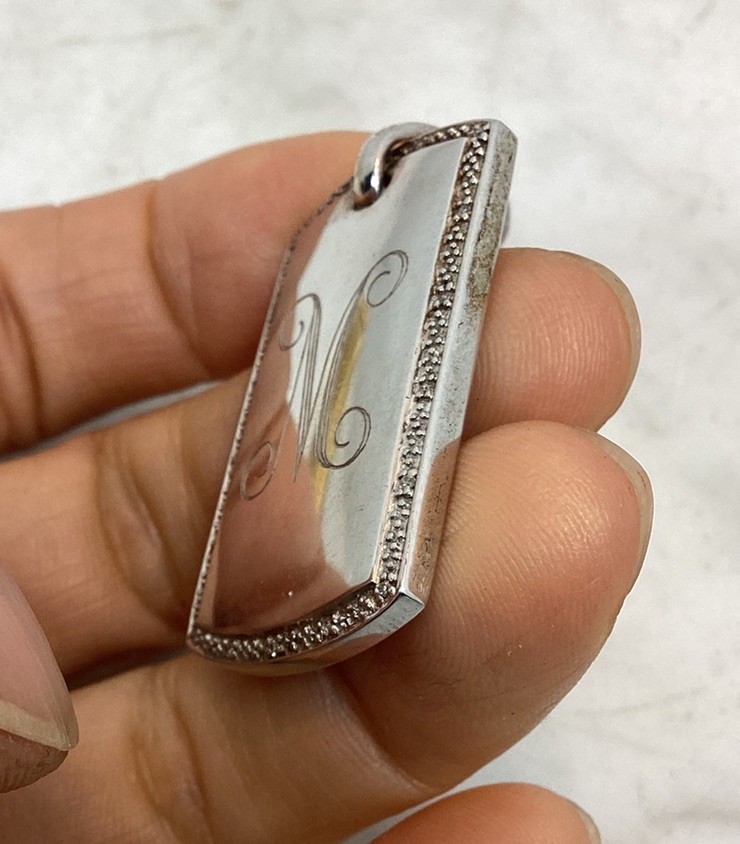 Vintage 925 Sterling Silver CZ Initial M Dog Tag Pendant