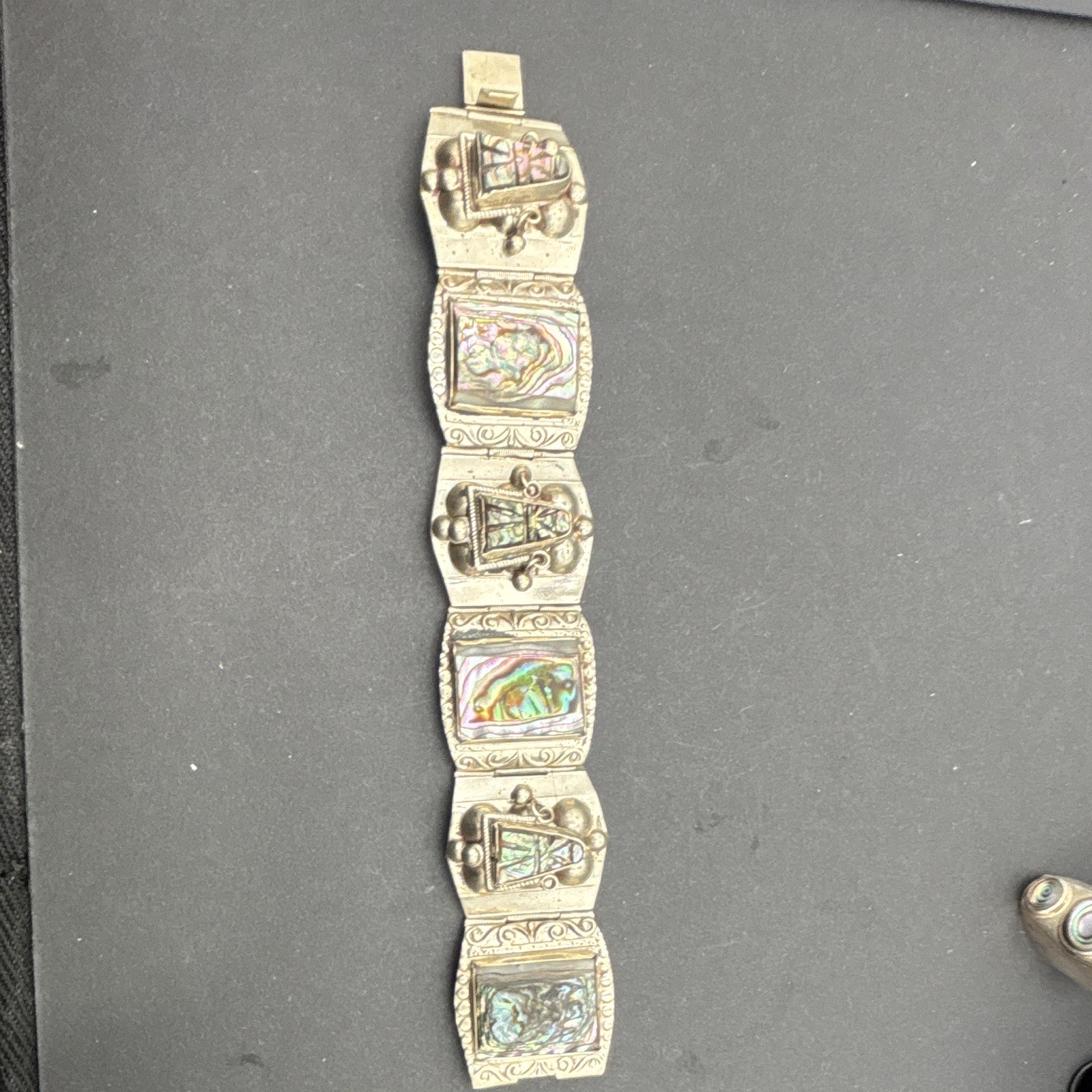 Mexico 925 Sterling Silver Abalone Inlay Panel Link Bracelet w/”Eagle & 3″ Stamp