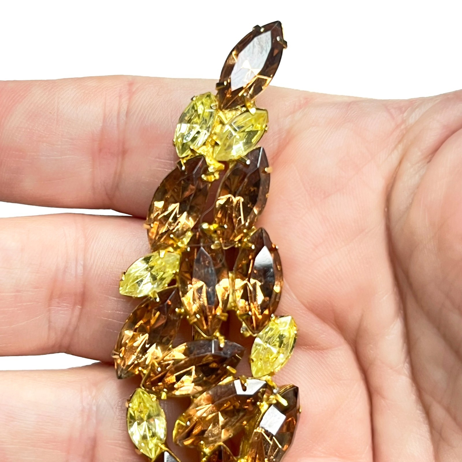Large VTG Juliana? Leaf Flame Swoosh Brown Yellow Navette Rhinestone Pin Brooch