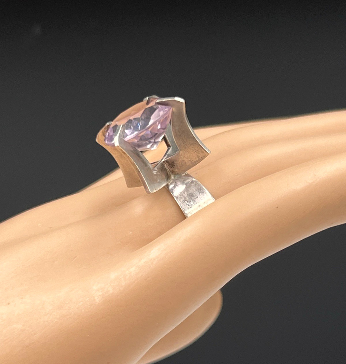 Vtg Svedboms Swedish Sterling Amethyst Ring, Modernist Sculptural, 8g, Sz 5.5