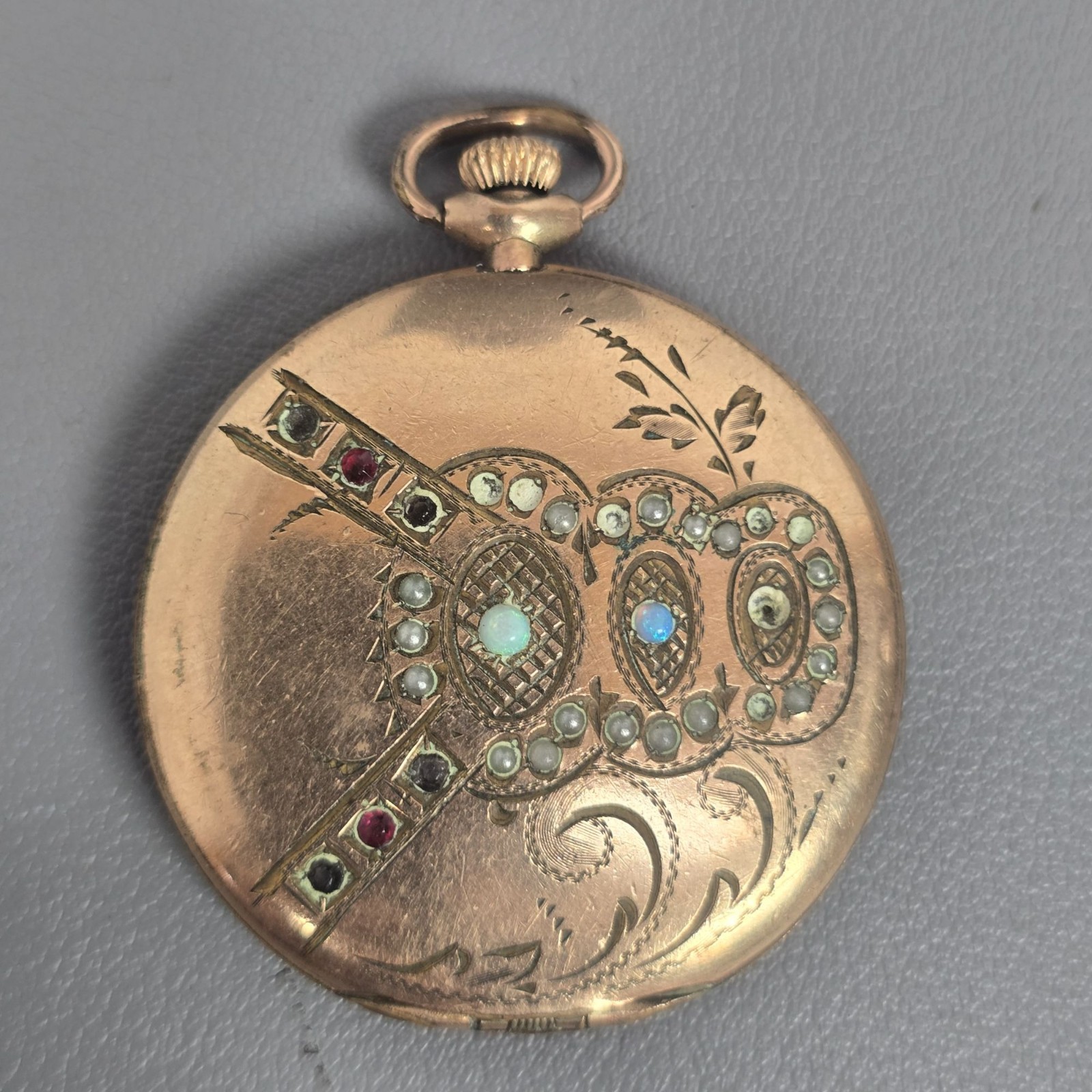 Victorian Gold-Filled/Gold-Plate Engraved Gemstone Photo Locket w/ Opal & Gems