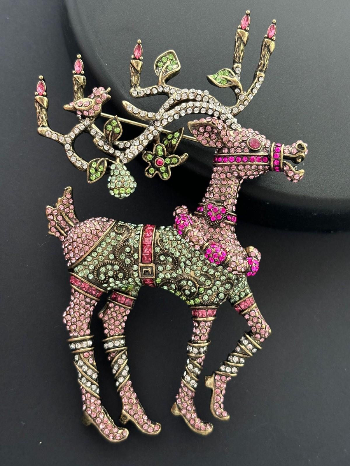 Heidi Daus Crystal Reindeer Brooch Pink Green Rhinestone Vintage Bronze Tone Pin