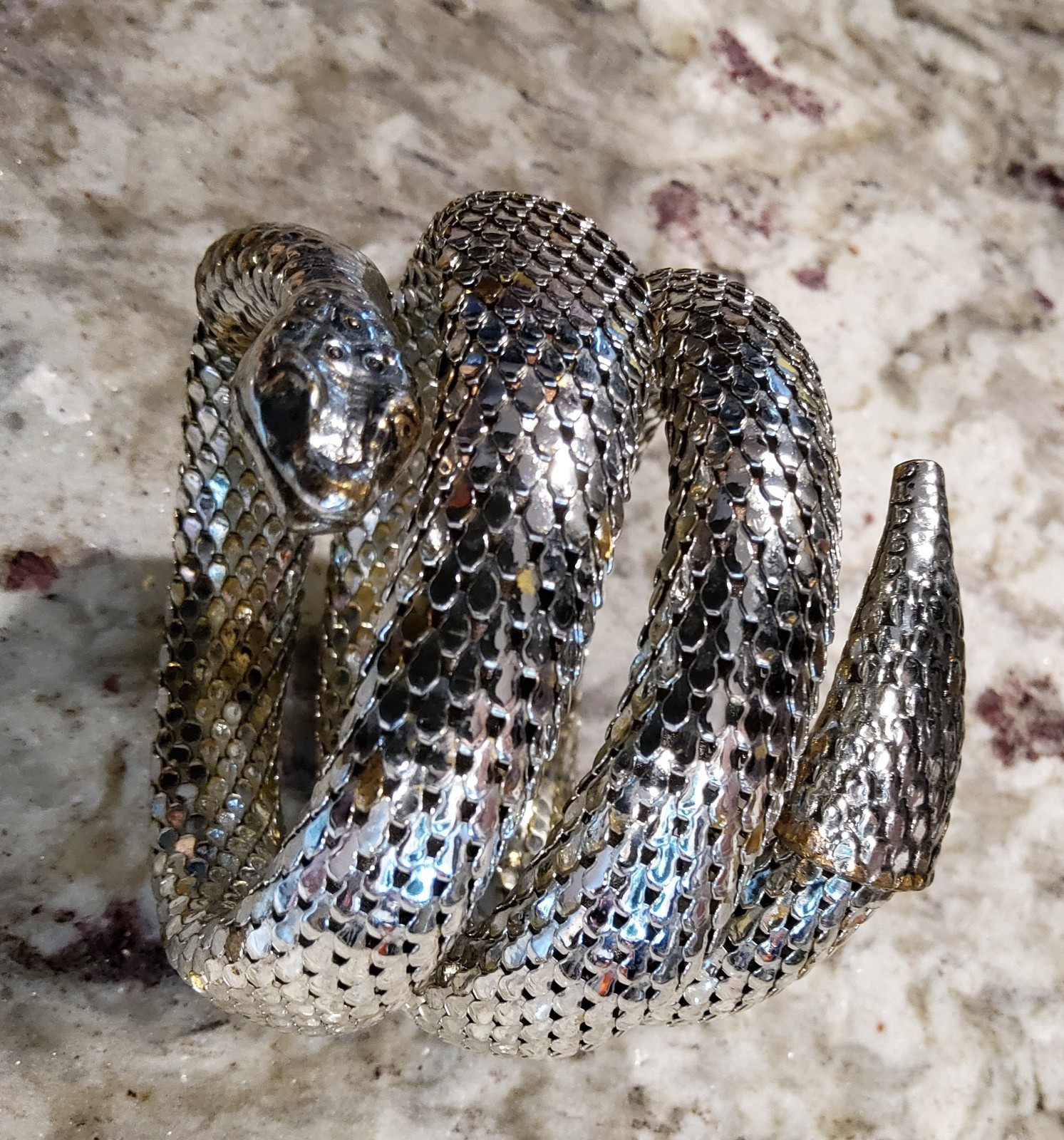Vintage Whiting & Davis Unsigned Snake Bracelet Silver Tone Triple Wrap Mesh 🐍