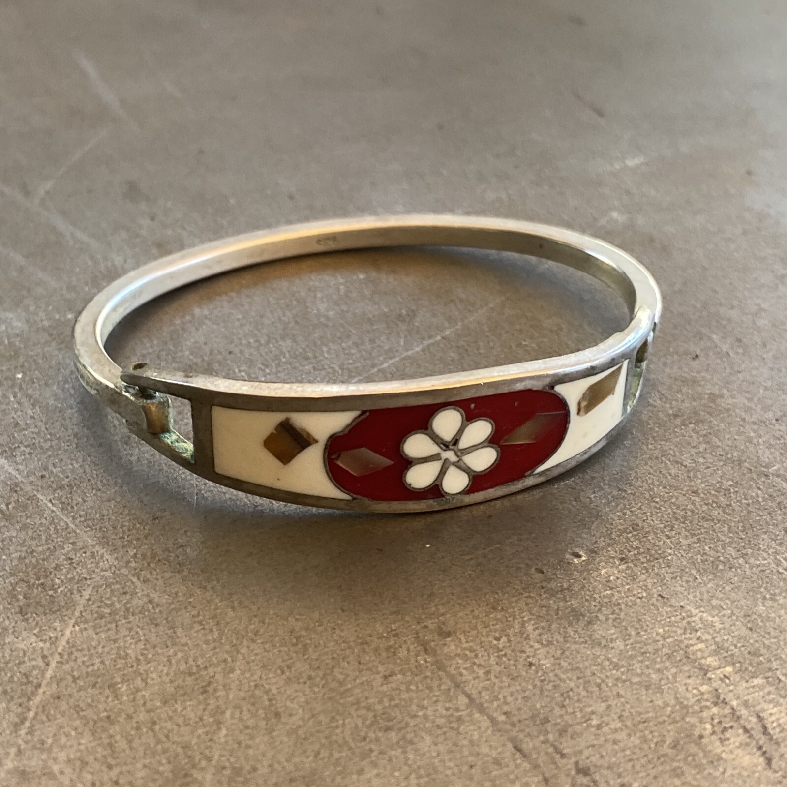 Taxco Sterling Silver Hinge Cuff 6.5” Bracelet White Red Enamel Flower Inlay