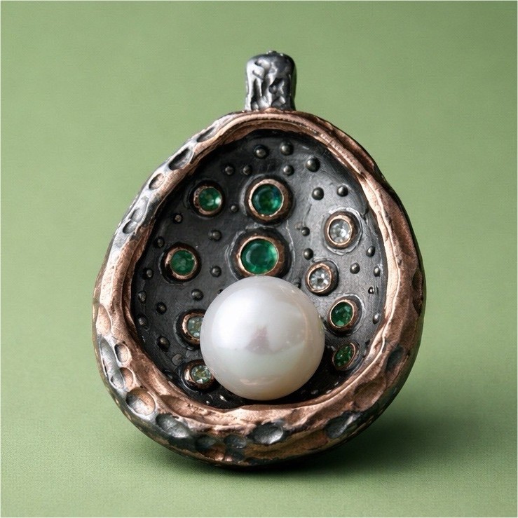 Asymmetrical pendant with Pearl and Green Emerald Accents, Silver Bronze colored