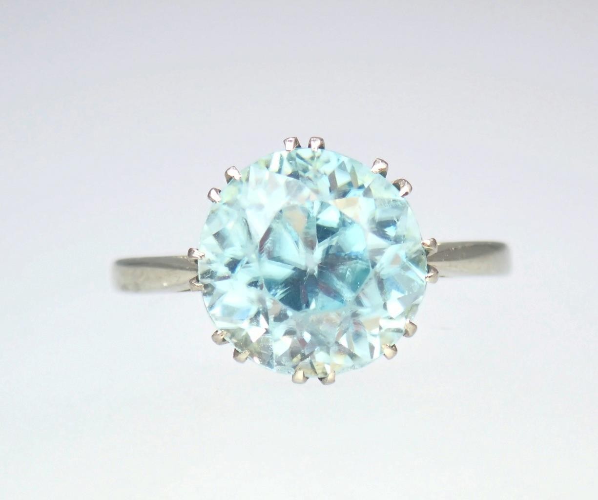 Antique Art Deco 18K Gold 5.4ct Old Cut Blue Zircon Solitaire Engagement Ring 6