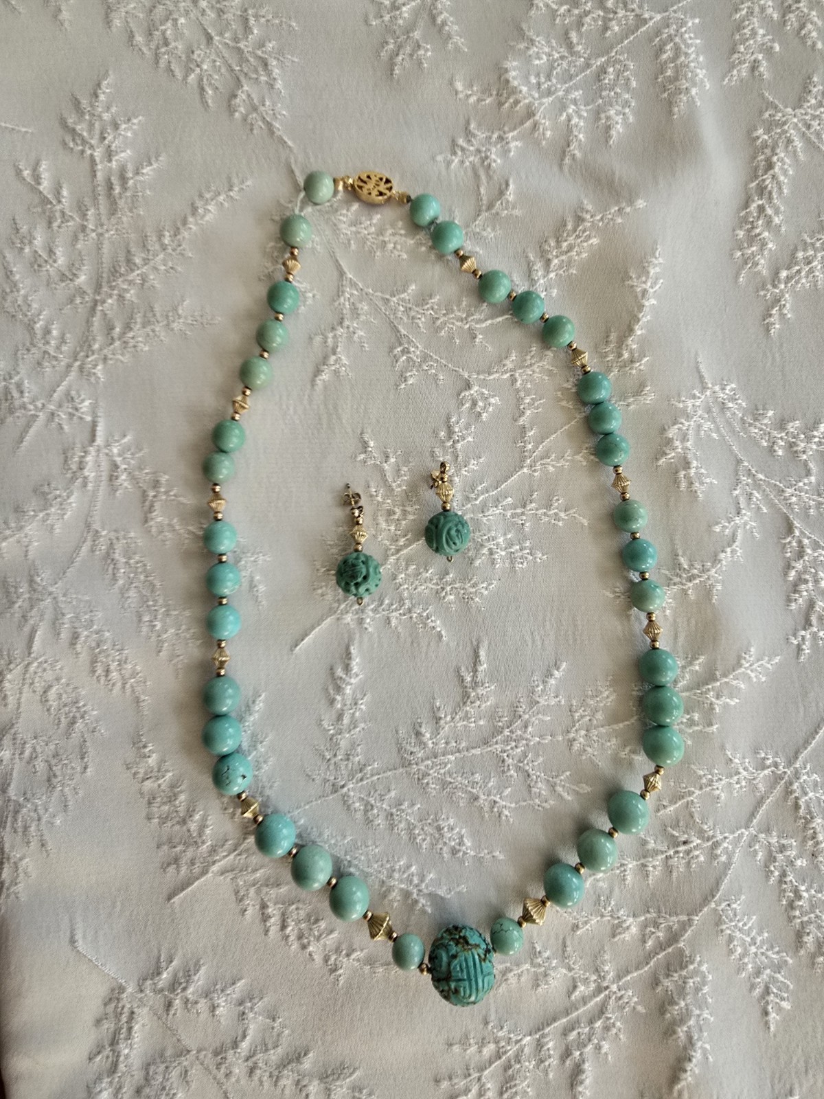 Chinese Turquoise Shou Carved Bead Earrings & Necklace 21” Gold Plated Clasp