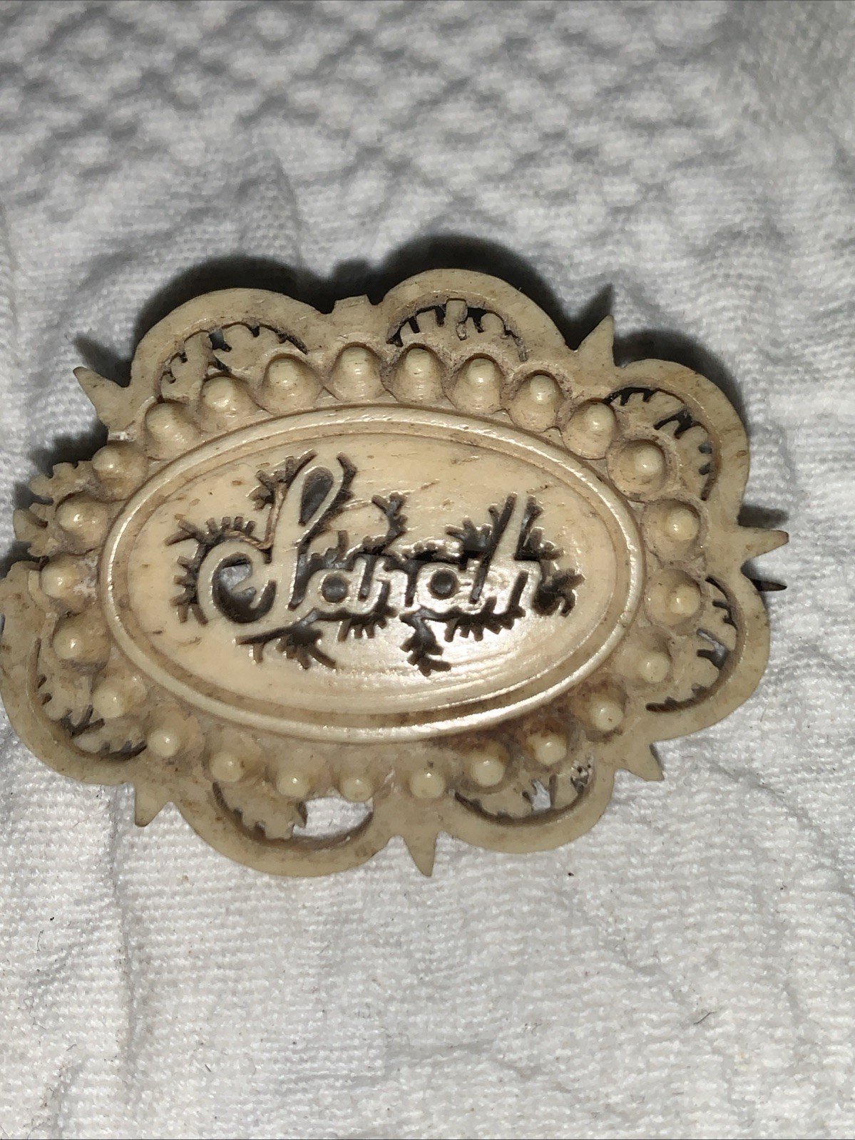 Antique Victorian Hand Carved Bovine Bone name brooch Pin – Sarah