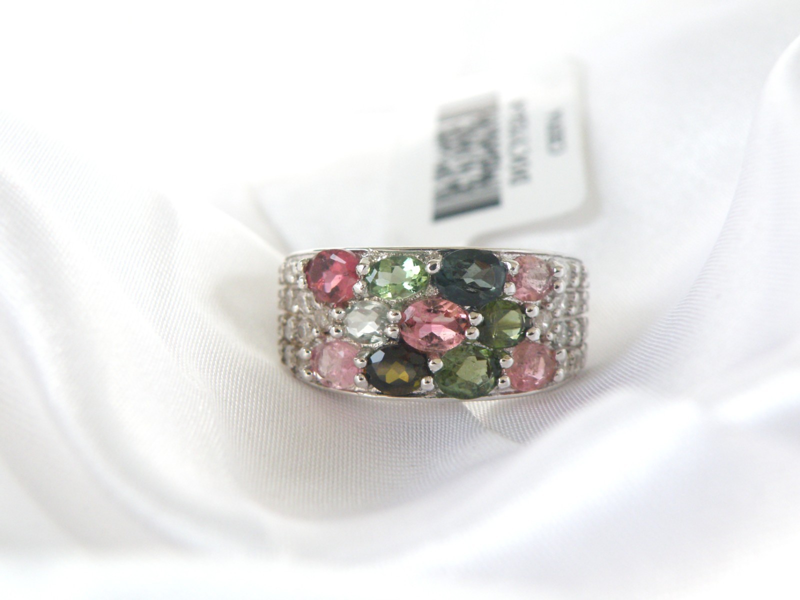 Sterling Silver 925 Multi Row Natural Tourmaline Ring Size 8