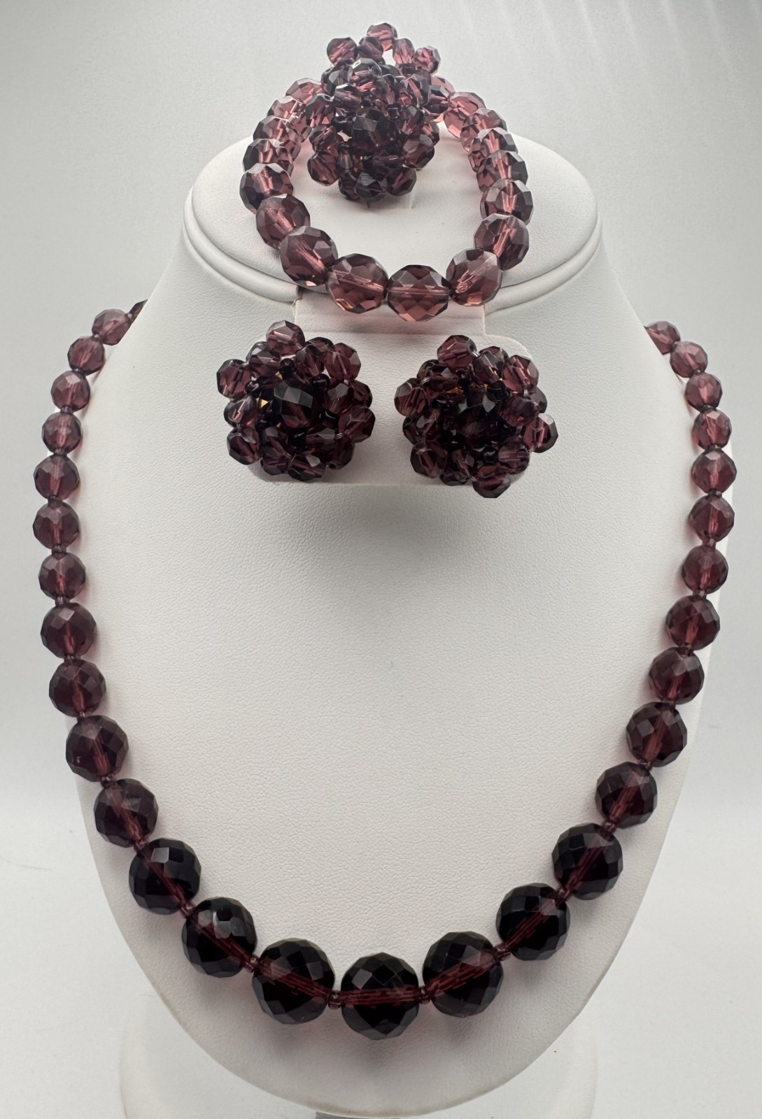VTG Purple Bead Necklace Bracelet Pierced and Clip On Earrings