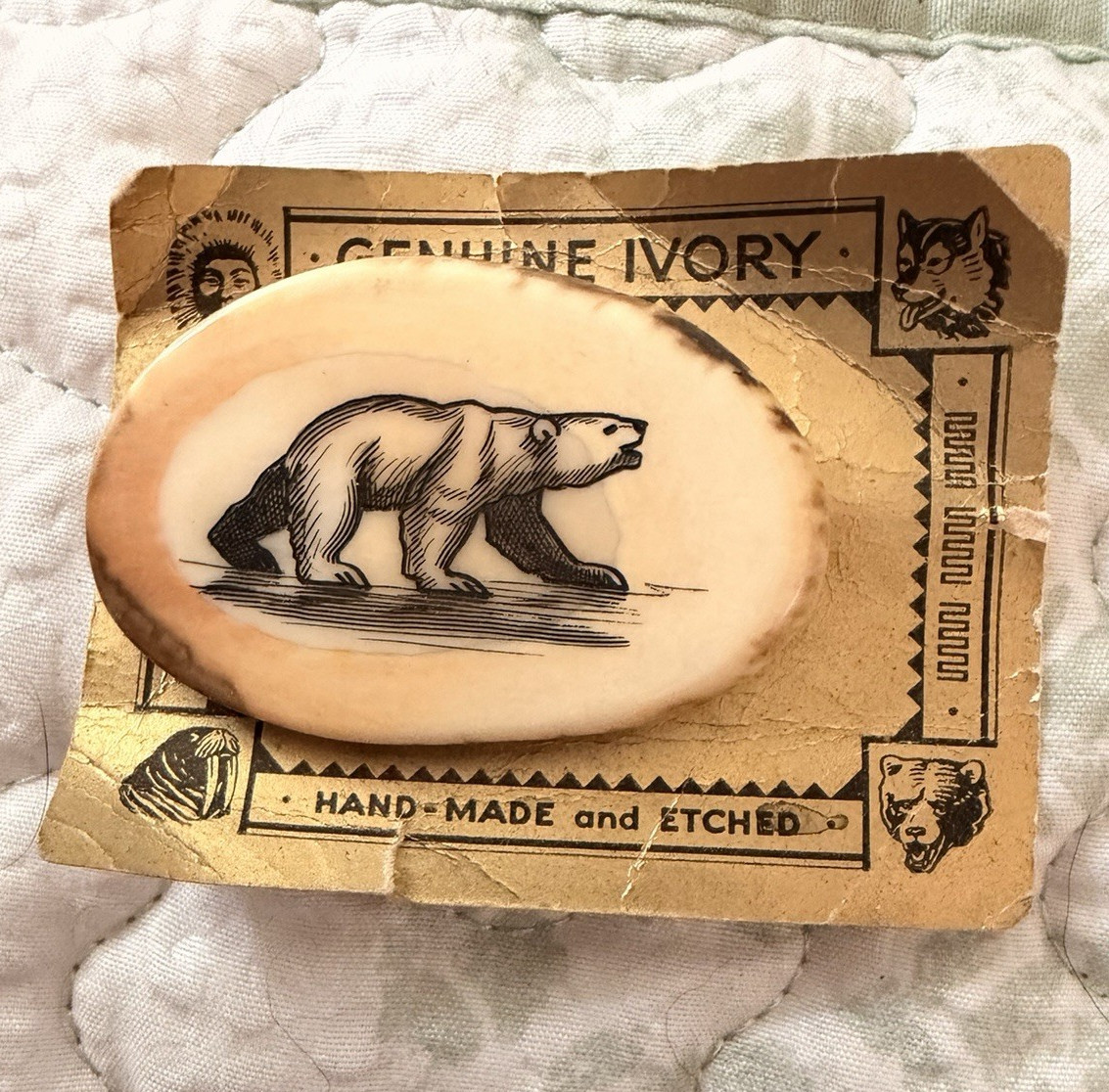 Handmade Etched Ivory Oval Polar Bear Brooch Pin Signed, Unisex Adults