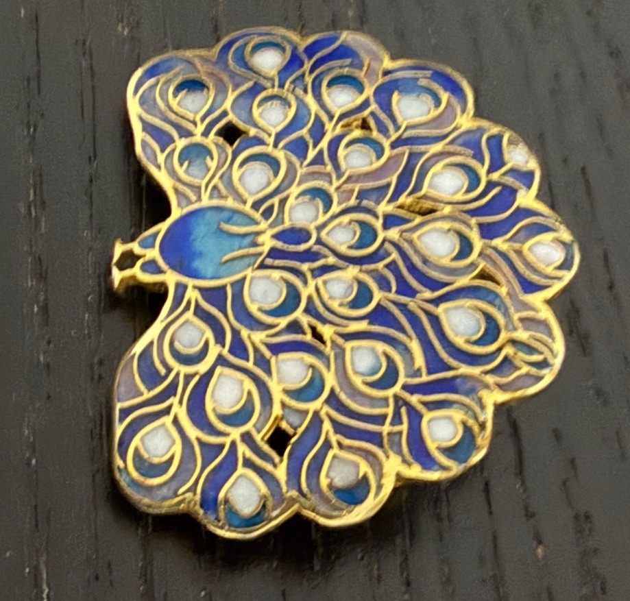 Vintage Cloisonné Peacock Brooch with enamel work and gold-tone accents