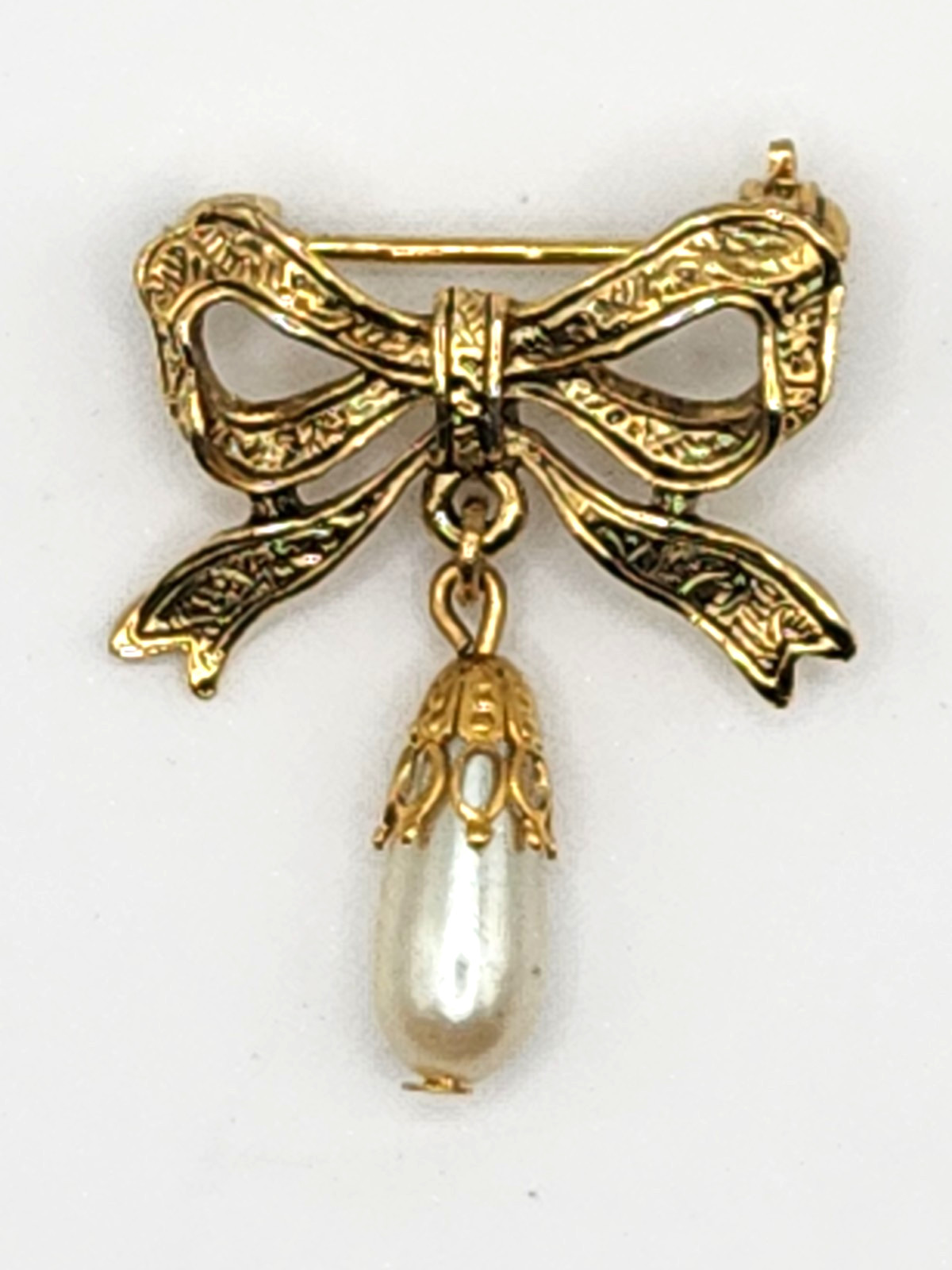 Victorian Revival Style Embossed Bow Brooch w Pendant Teardrop Faux Pearl Drop