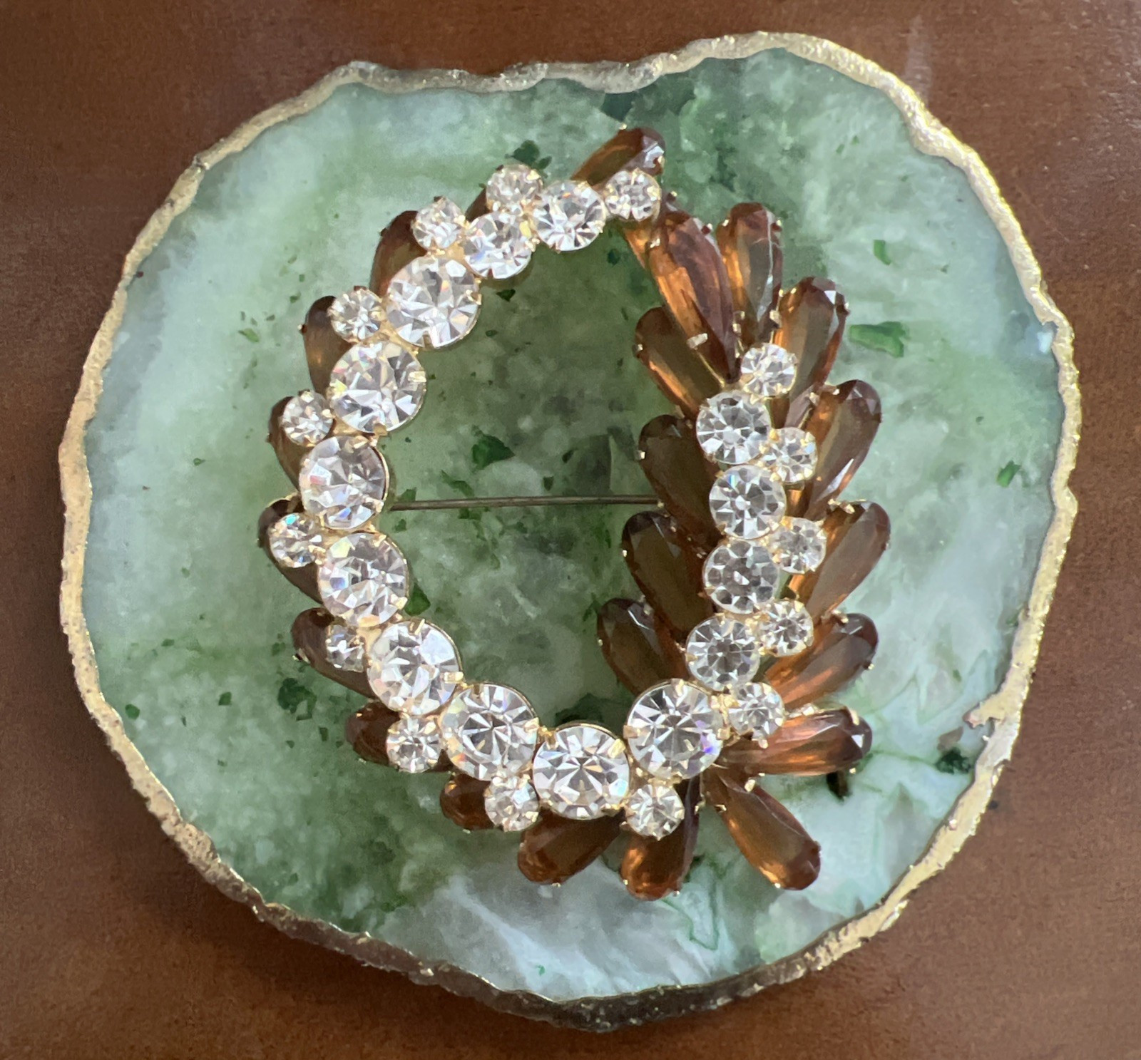 VTG. JULIANA DELIZZA & ELSTER AMBER & CLEAR RHINESTONE BROOCH LARGE 3″