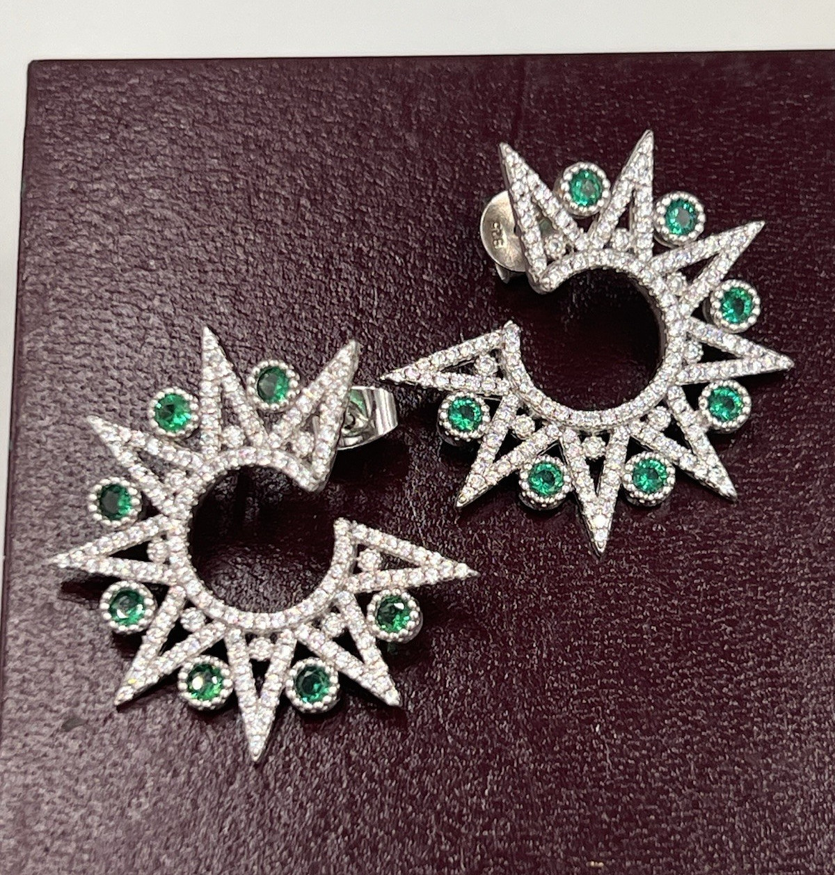 Vtg Sterling Star Point Statement Earrings, Emerald Green & Clear CZ Settings