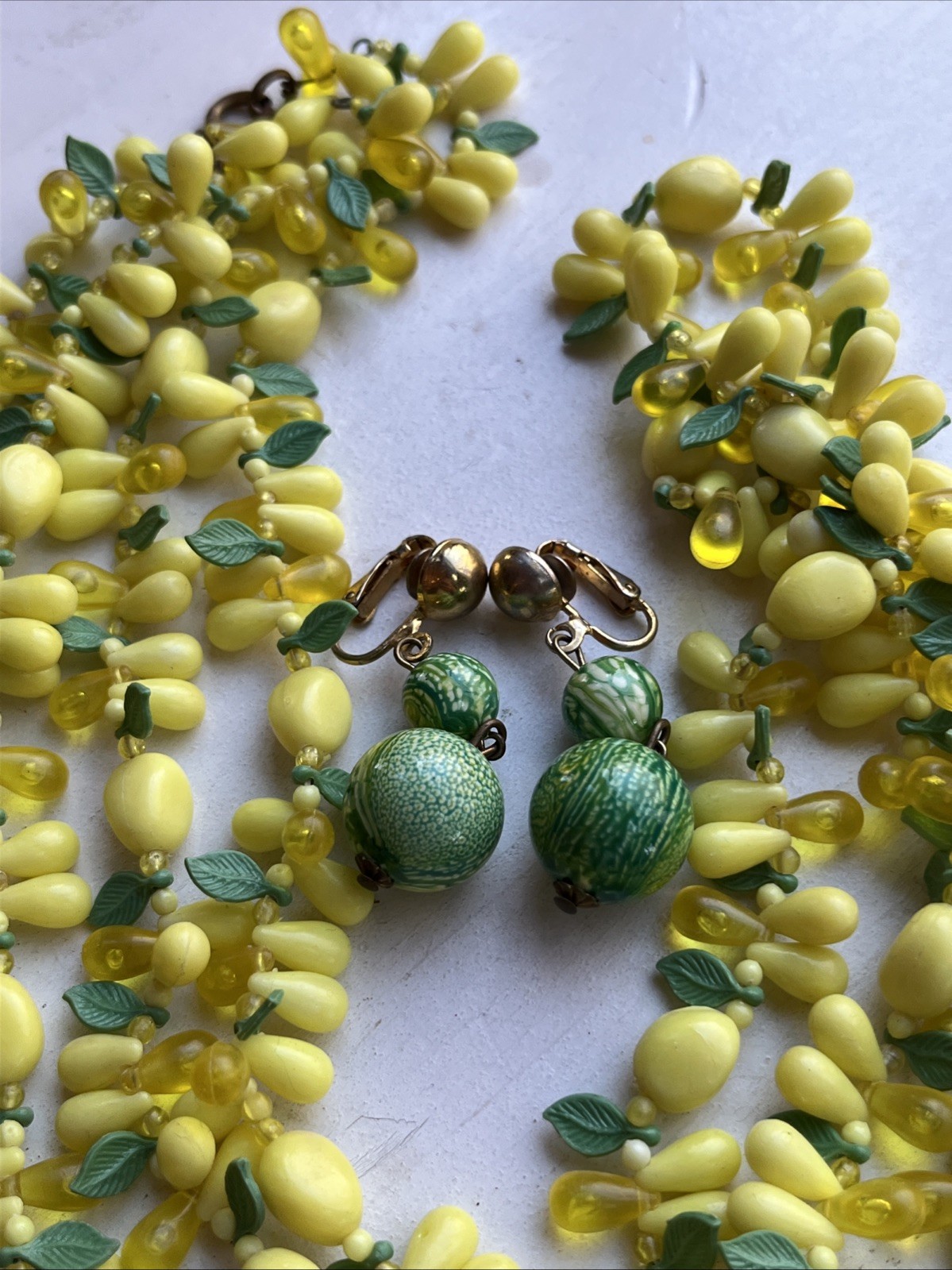 Vintage 2 Strand Tutti Fruity Lemon Necklace Czech Dangle Drop Clip Earrings Set
