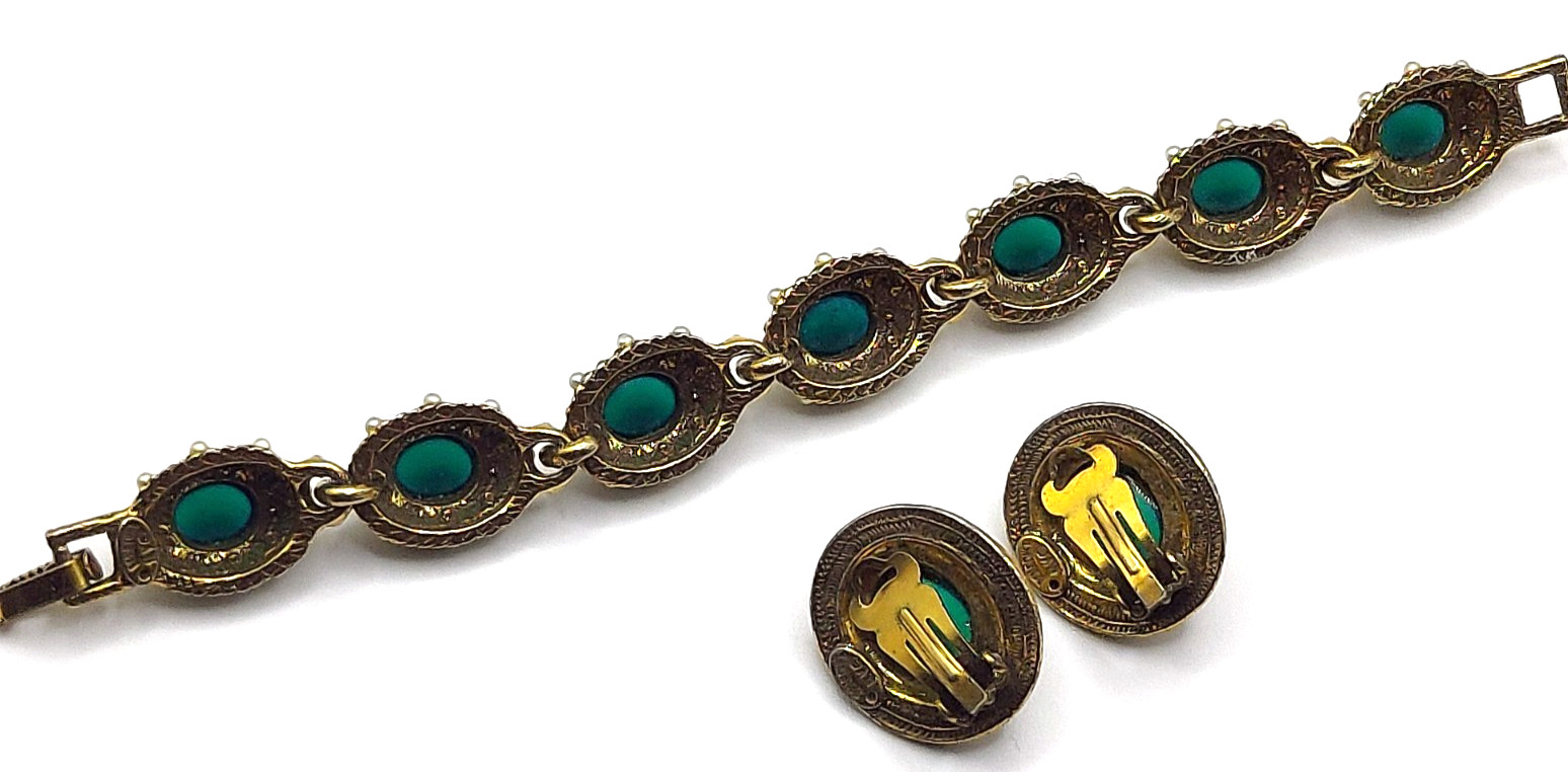Benedikt NY Etruscan Revival Green Cabochon & Seed Pearl Bracelet & Necklace