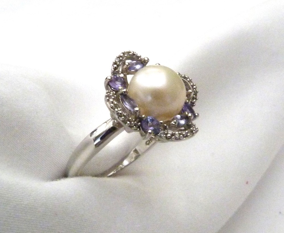 DESIGNER HT 9.5MM LARGE CULTURED PEARL AMETHYST GEMS STERLING SILVER RING SZ 10