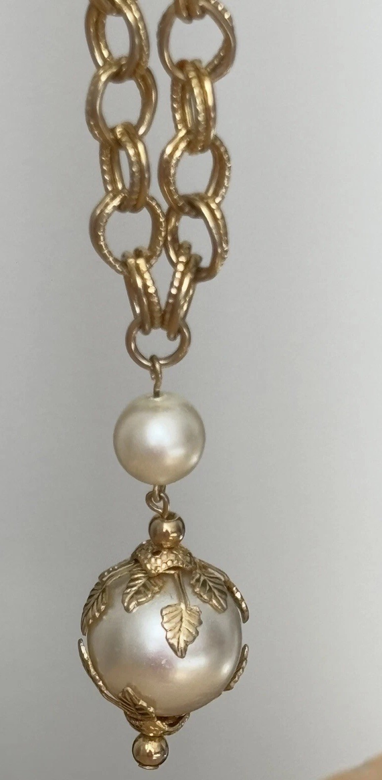 Faux Pearl Necklace / Gold Tone Chain/ Measures 25 In Total Length
