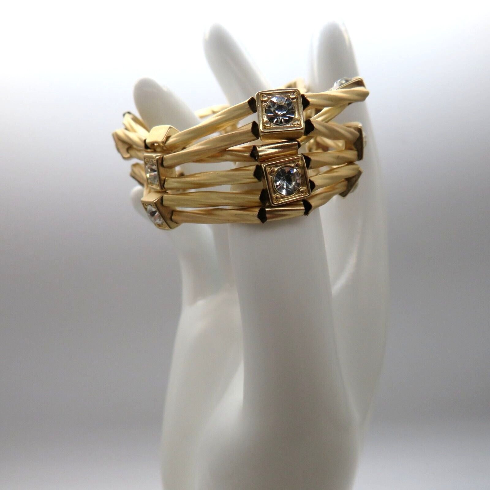 Brushed Gold Tone Stretch Bracelet Six Multi Strand Square Rhinestone Encrusted