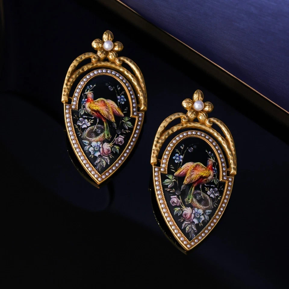 Vintage Victorian Peacock Drop Earrings Gold Pearl Rhinestone Art Women Jewelry