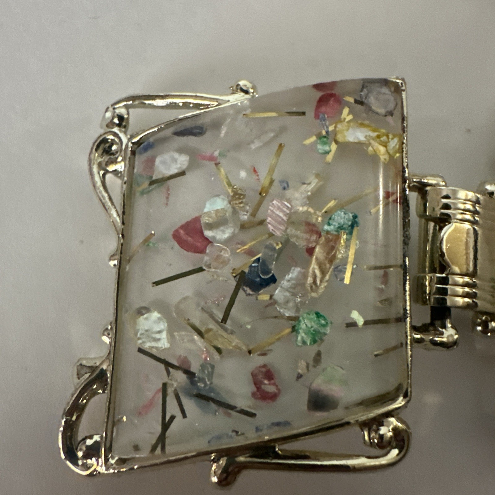 VTG 1950s PAM Confetti Lucite Jewelry Set Bracelet Necklace Earrings Gold Tone