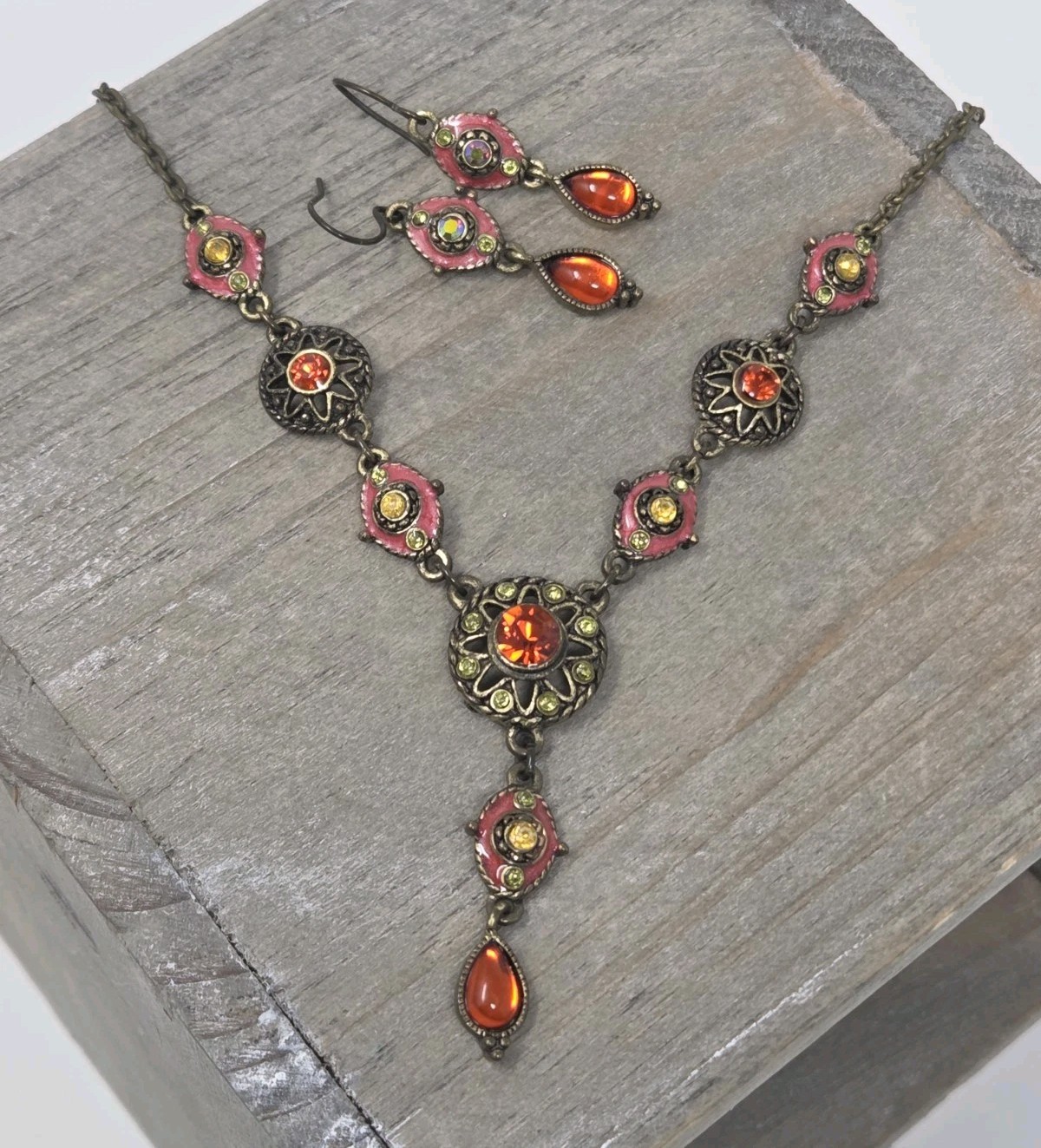 Orange Pink Yellow Y-Drop Necklace & Earring Set Rhinestones Enamel Bronze Tone