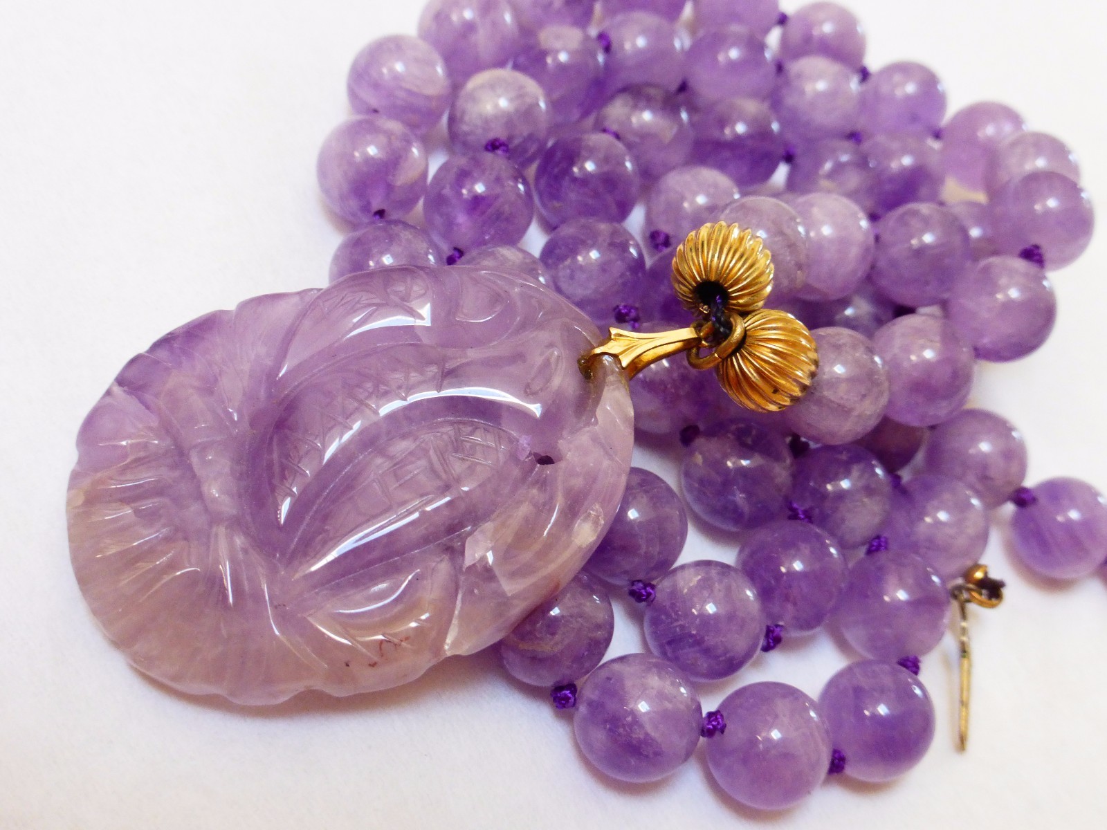 VINTAGE AMETHYST BEAD NECKLACE PENDANT 14kgf
