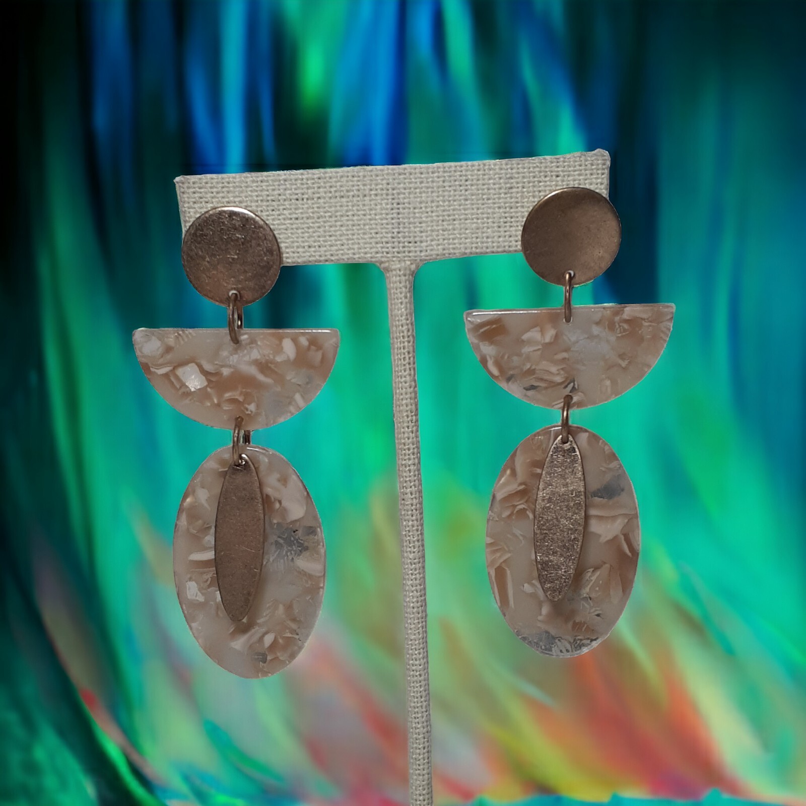 Pierced Dangle Drop Earrings Clear Acrylic with Mixed Inlay Materials 3″