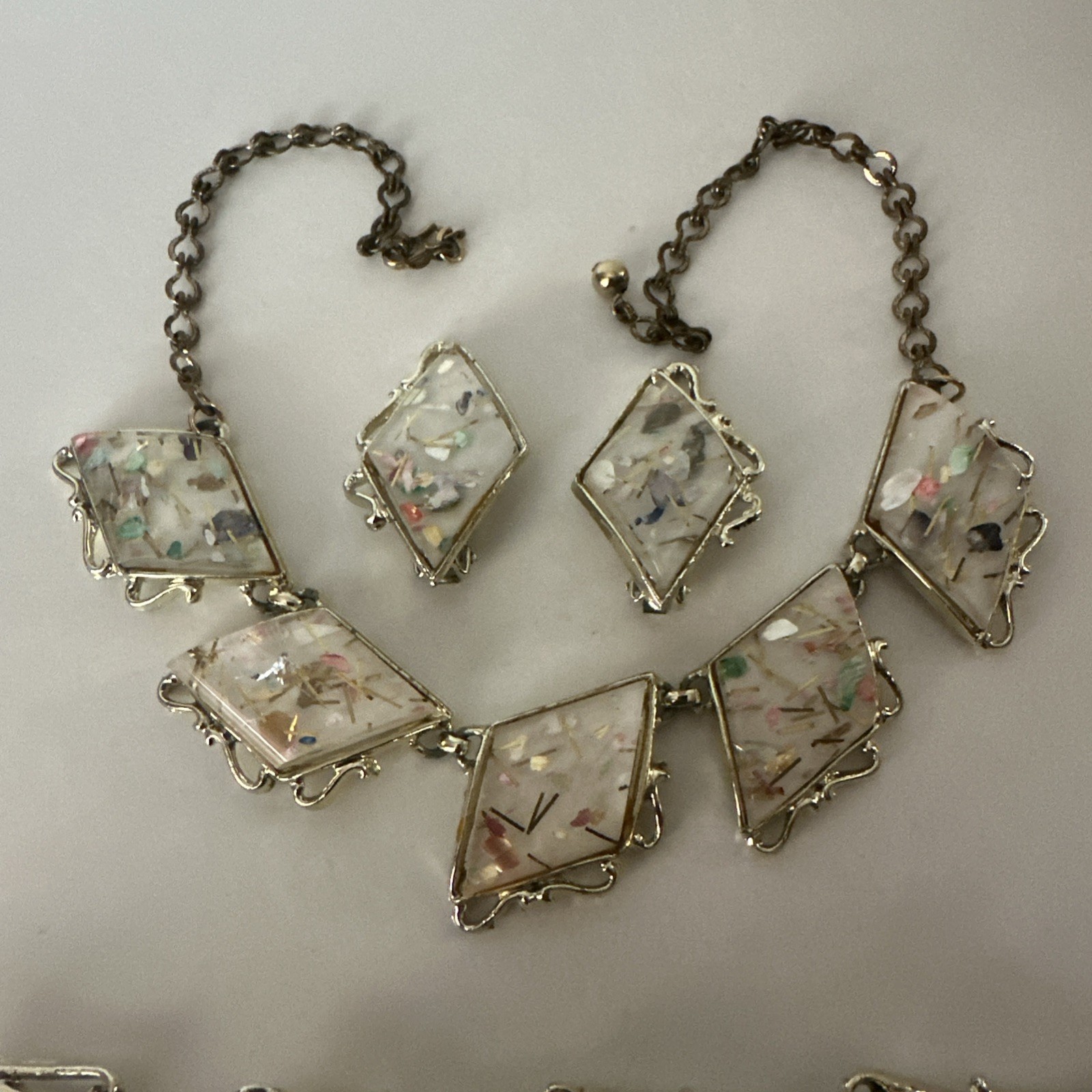 VTG 1950s PAM Confetti Lucite Jewelry Set Bracelet Necklace Earrings Gold Tone