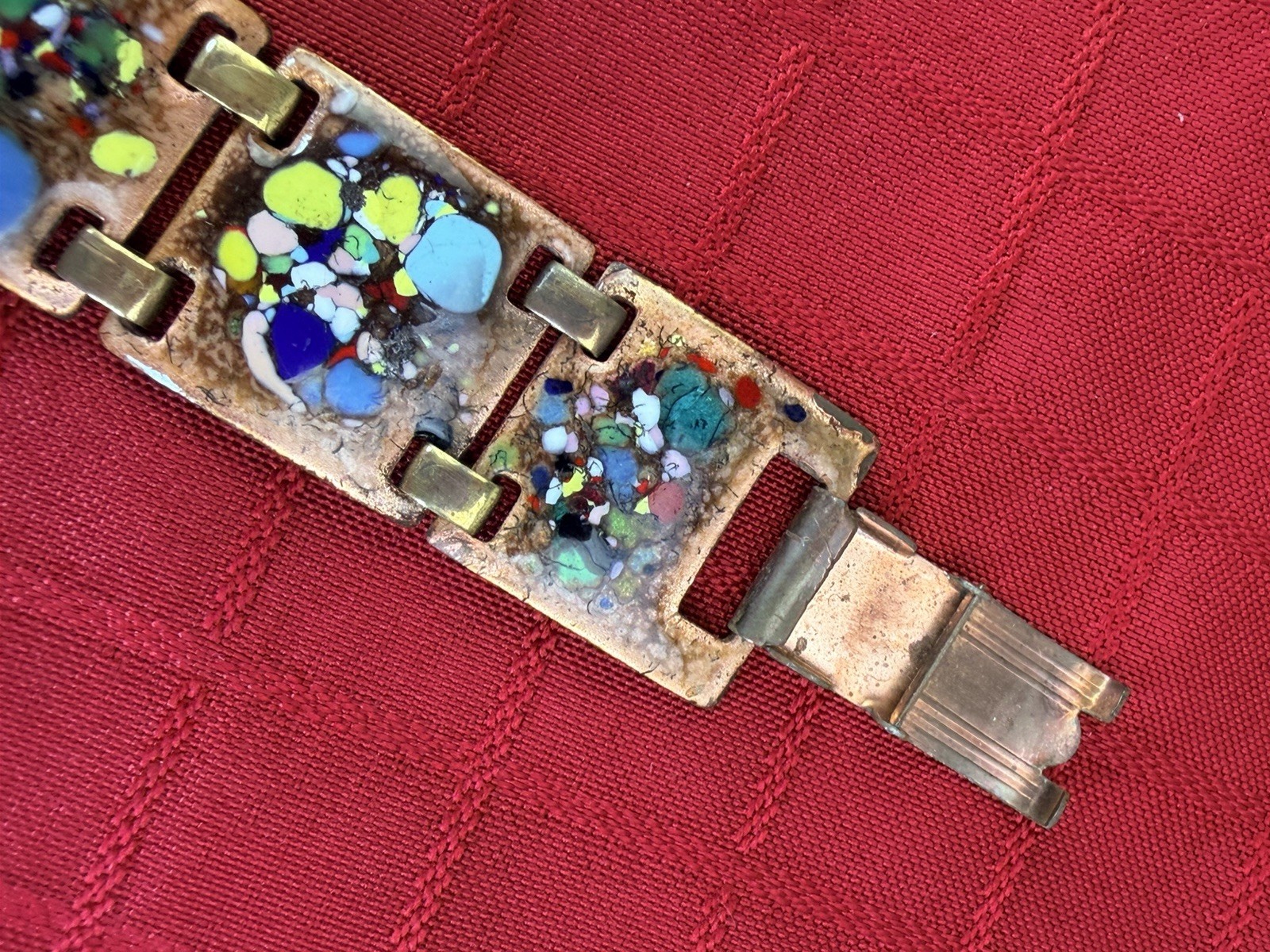 Vtg Enamel Copper Bracelet 7.5” Mid Century Abstract Confetti 8 Panel MCM Art