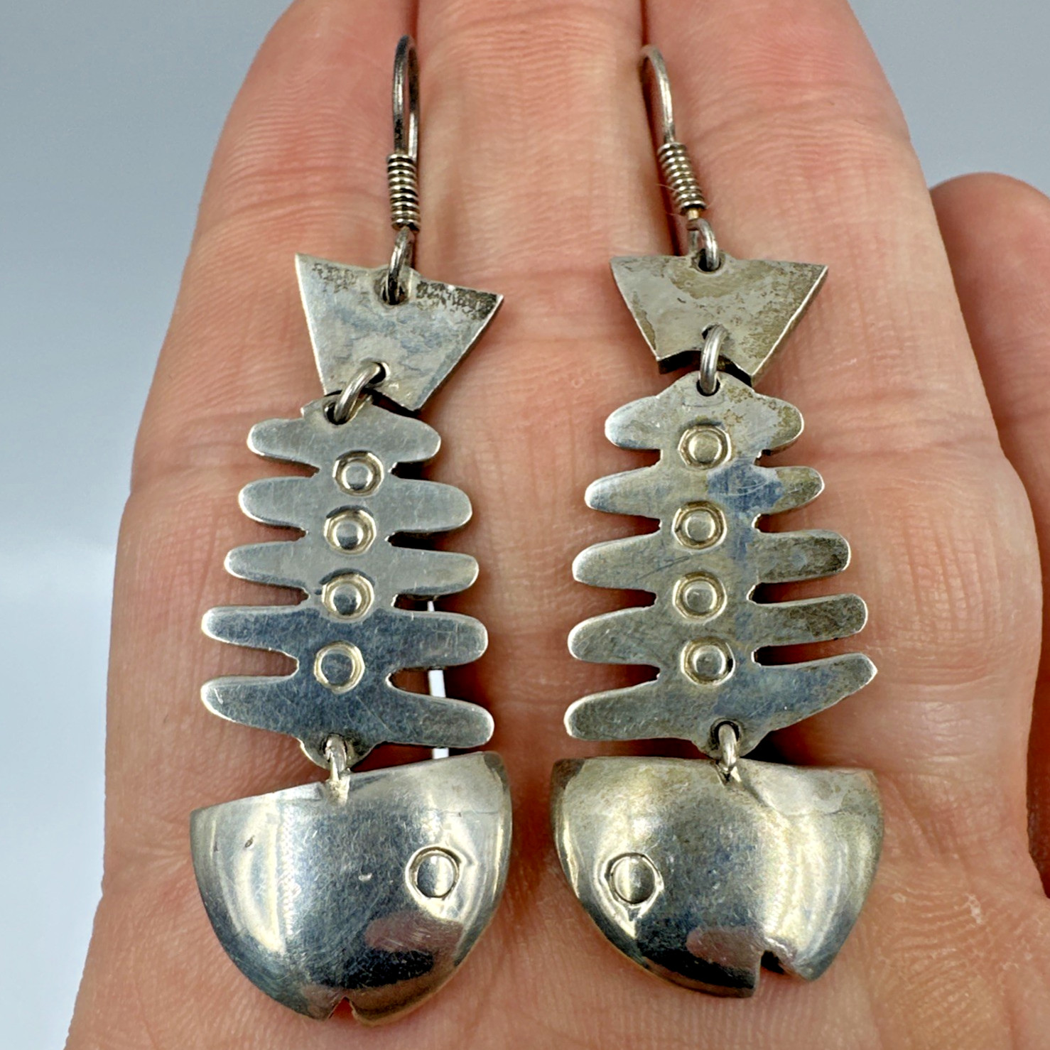 Vtg Taxco Sterling Silver Articulated Skeleton Bone Fish Dangle Earrings 15.9g