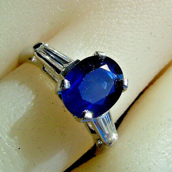 EARTH MINED SAPPHIRE DIAMOND Deco Engagement Ring Vintage PLATINUM Solitaire 3CT