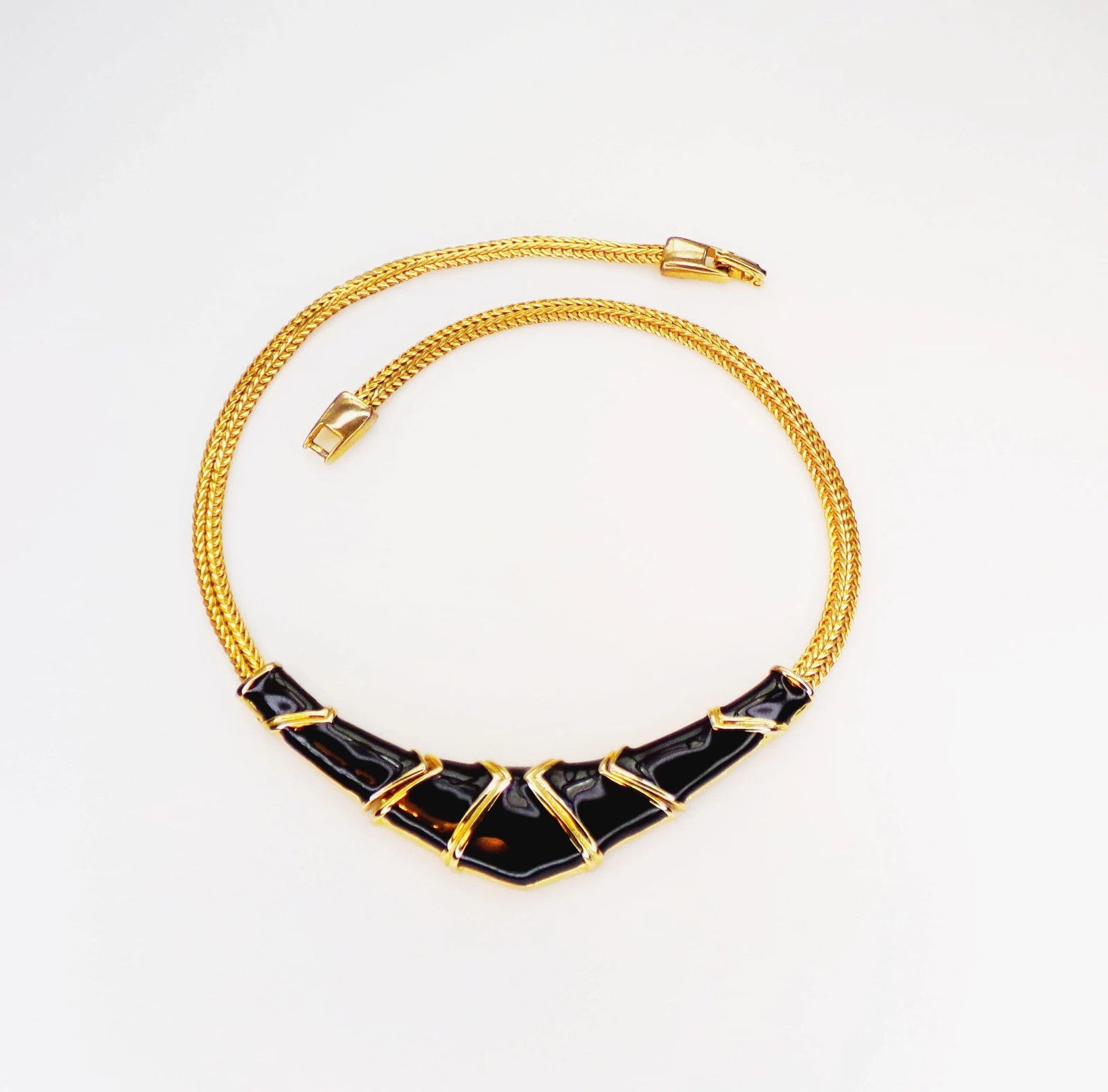 Vintage Gold & Black Enamel Hinged Bib Choker Necklace, Gift for Her, Jewelry