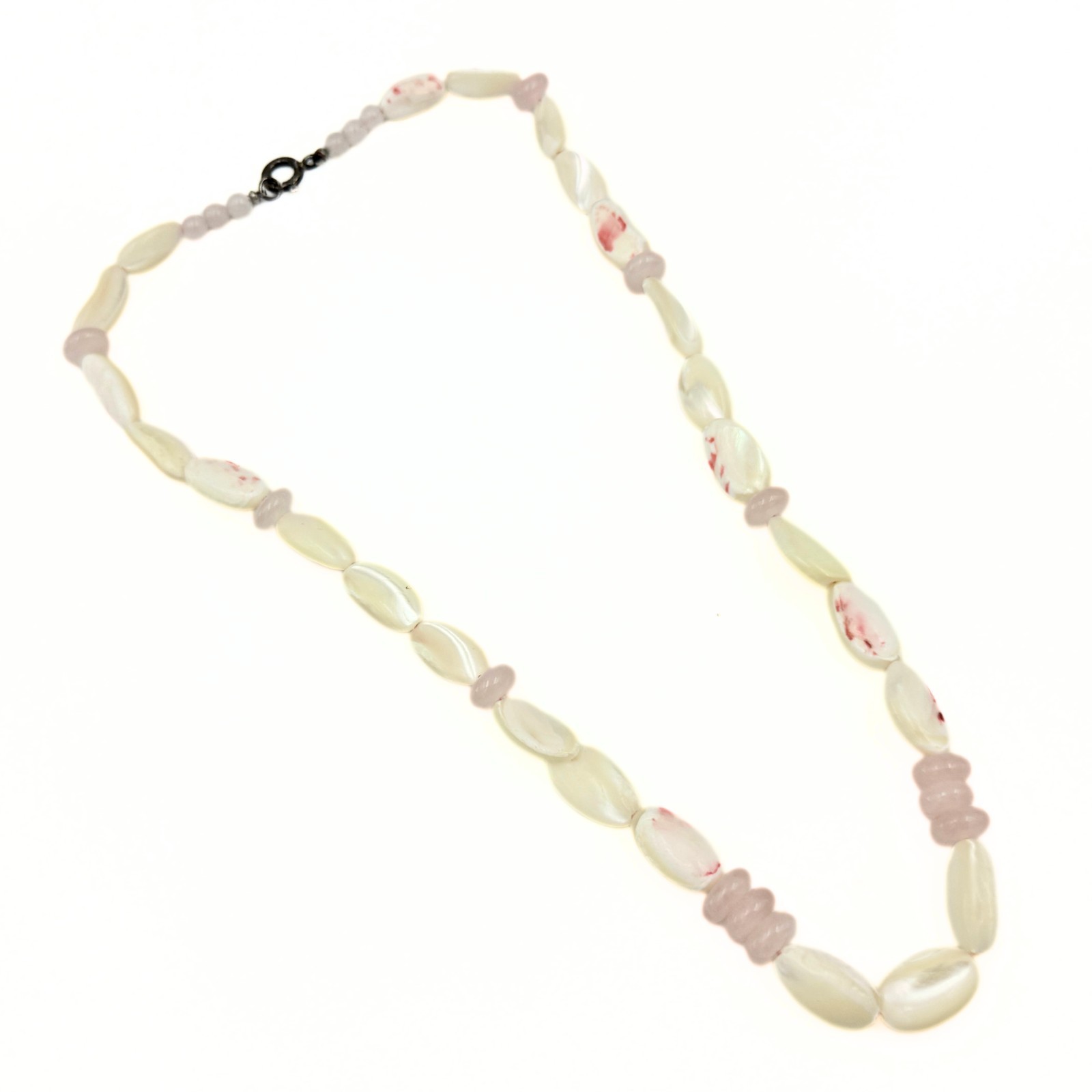 Antique Art Deco Sterling Silver Elongated Shell MOP Rose Quarts Summer Necklace
