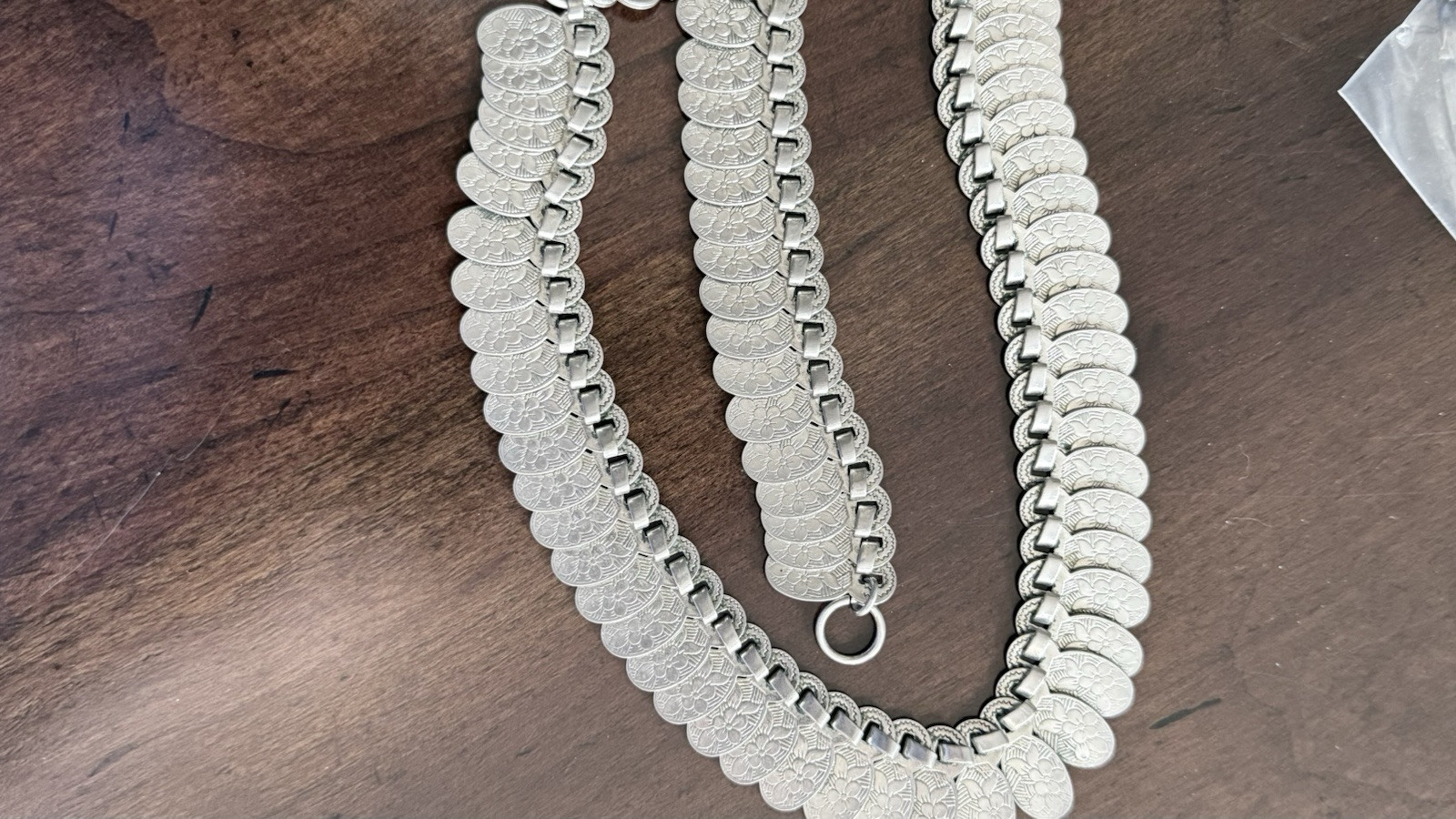 Retro Vintage 15” Embossed Link Choker-Silver Metal With Flower Design.