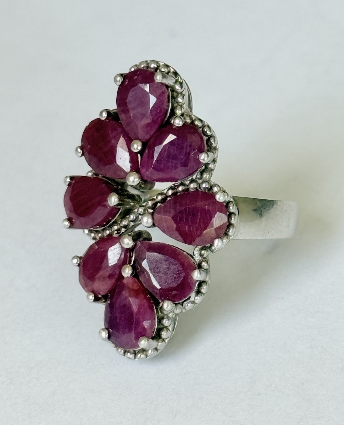 Vintage Designer Sterling Silver 925 Ruby Cluster Cocktail Ring Size 6