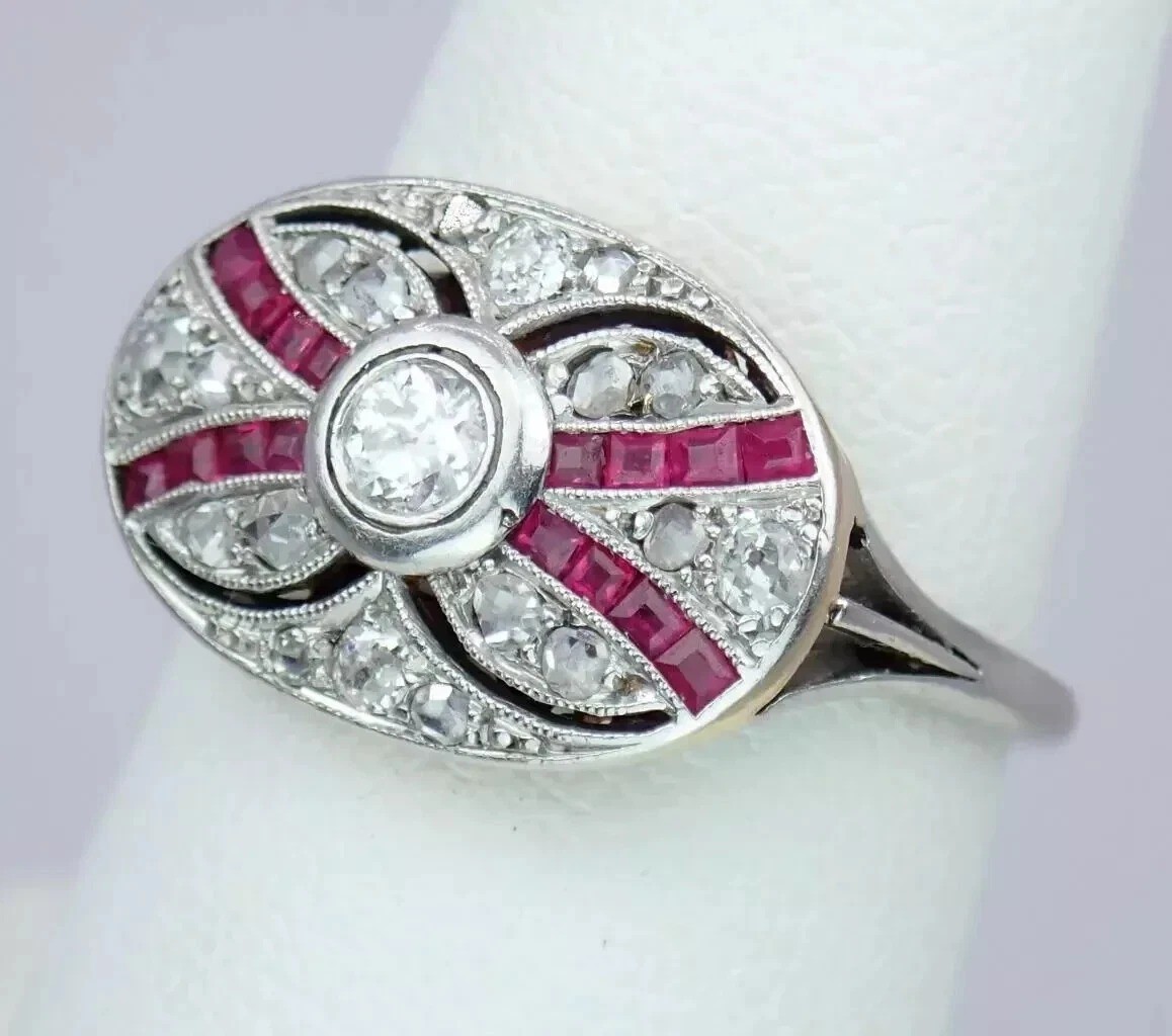 Art Deco Round Cut Lab Created Diamond & Ruby 14K White Gold Finish Wedding Ring