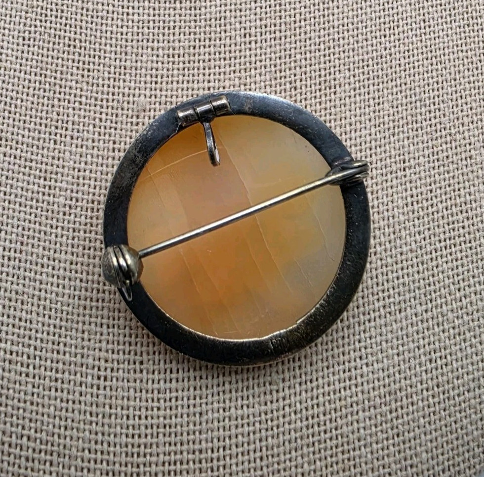 Vtg Carved Rose Shell Cameo Brooch Pendant 900? Silver 1″ Round See Pic