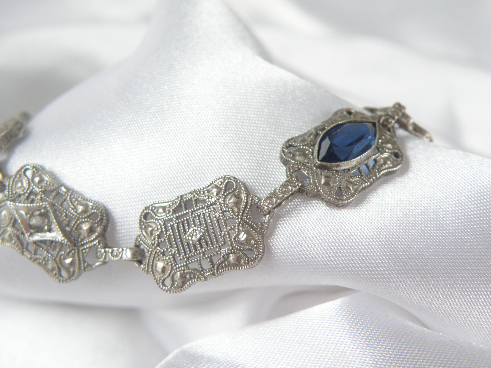 Art Deco Sterling Silver Sapphire Paste Filigree Station Antique Bracelet 7.5″