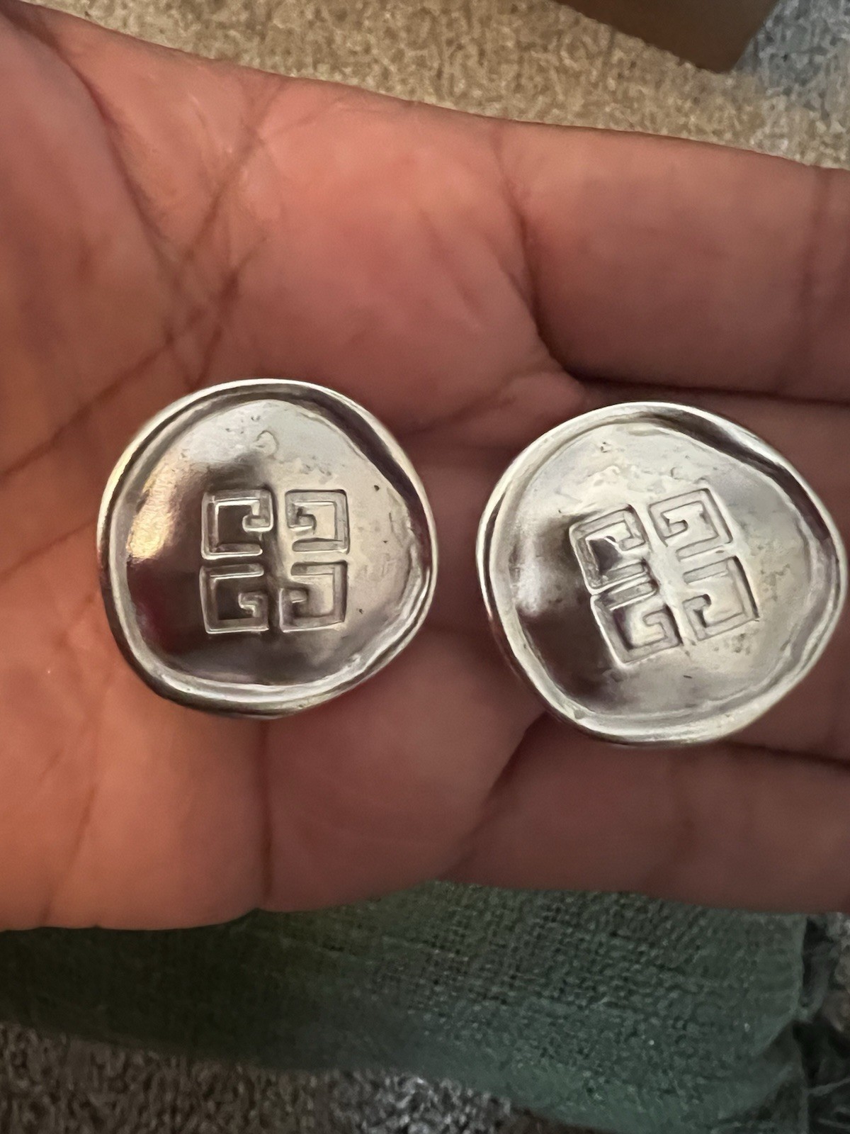 Vintage 80s Givenchy Clip On Earrings 4G Logo OLD MONEY Signed Satin Silver Tone