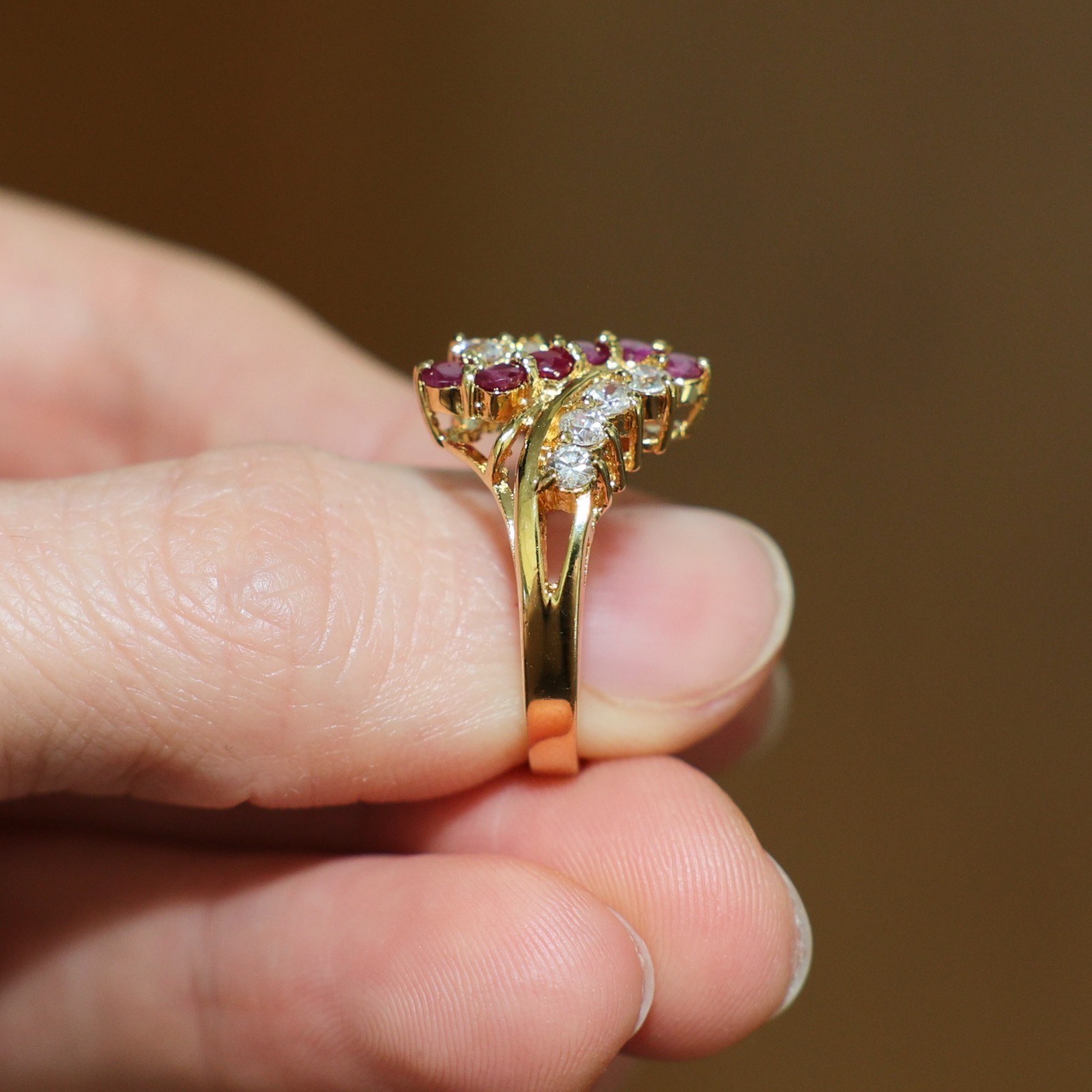 Vintage Gold Plated CZ and Genuine Natural Pink Ruby Cocktail Ring ~ Size 8 🔥