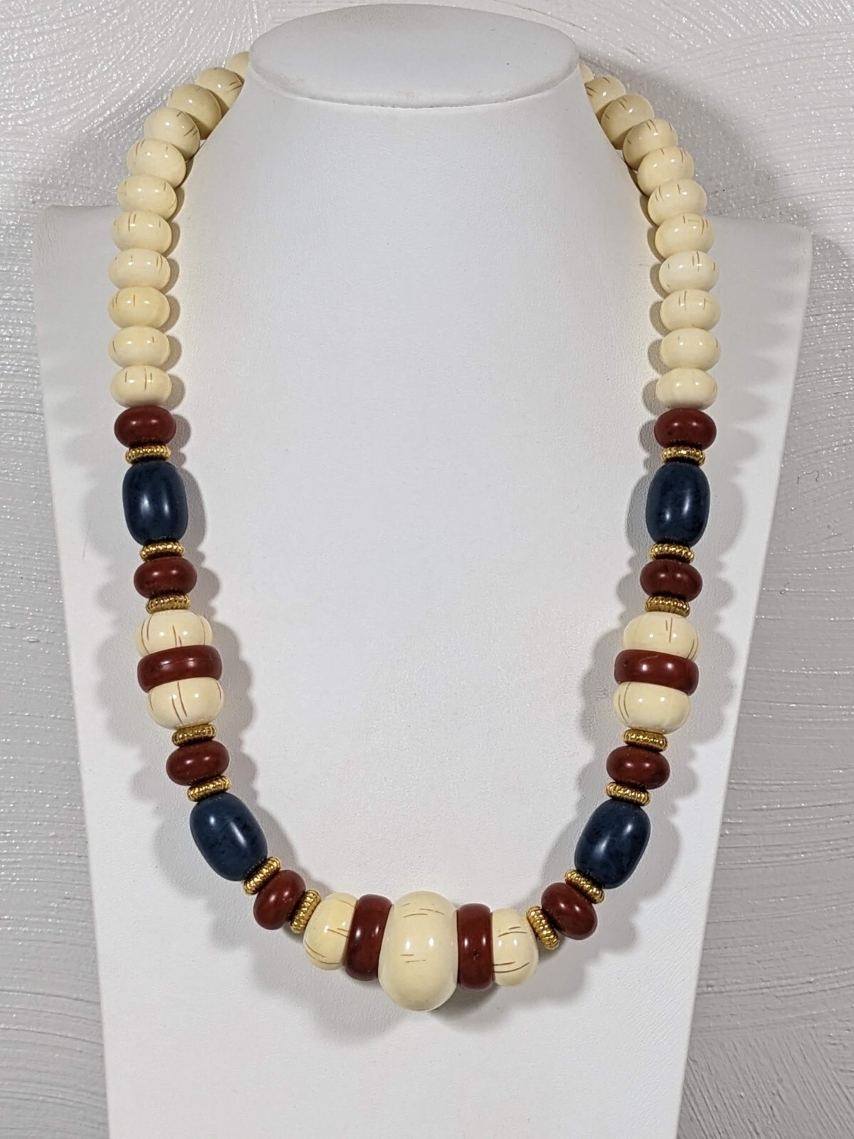 Vintage Ivory Color Blue Brown Acrylic Beaded Tribal Style Chunky Necklace 21 in